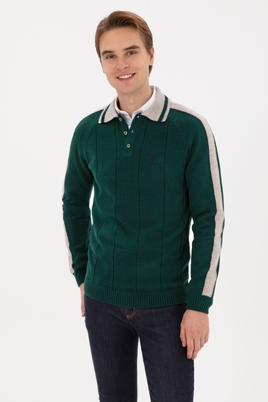 Erkek Regular Fit Polo Yaka Koyu Yeşil Kazak