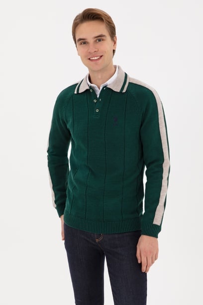 Erkek Regular Fit Polo Yaka Koyu Yeşil Kazak