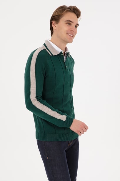 Erkek Regular Fit Polo Yaka Koyu Yeşil Kazak