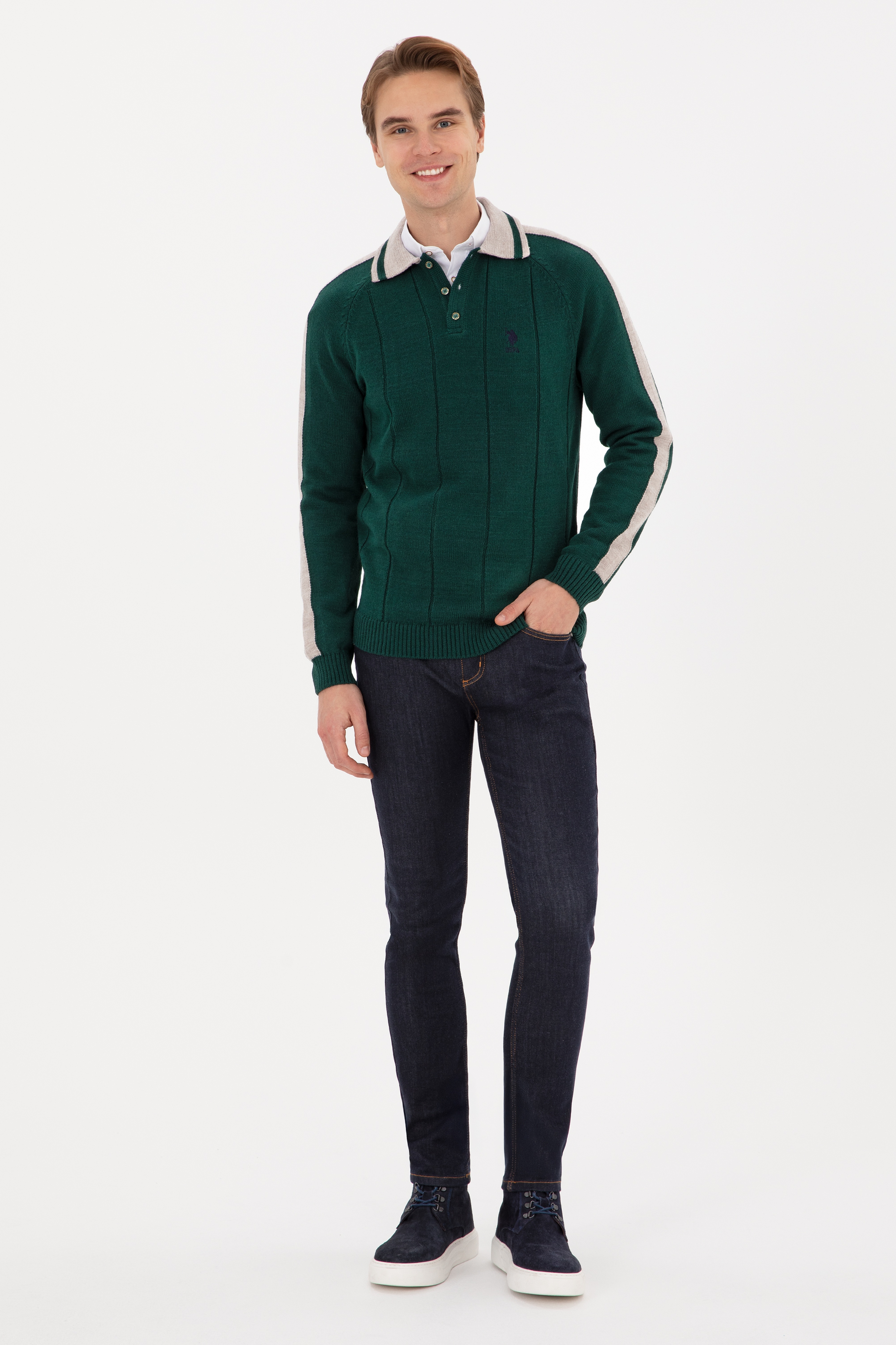 Erkek Regular Fit Polo Yaka Koyu Yeşil Kazak - Image 4