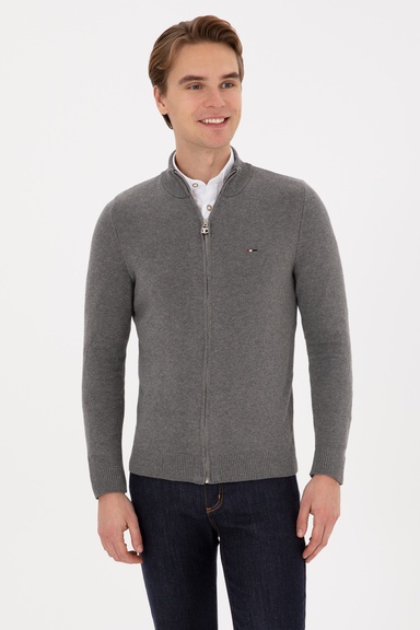 Erkek Slim Fit Gri Melanj Basic Triko Hırka