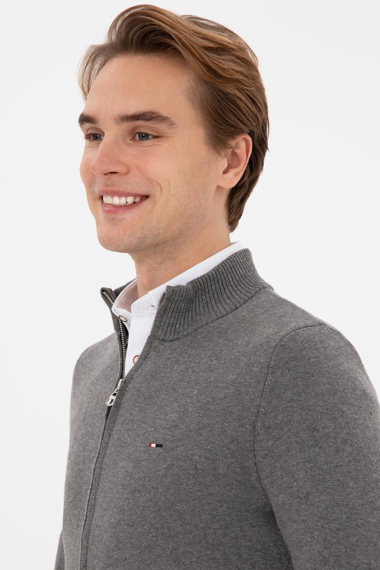 Erkek Gri Melanj Basic Triko Hırka - 50313688065