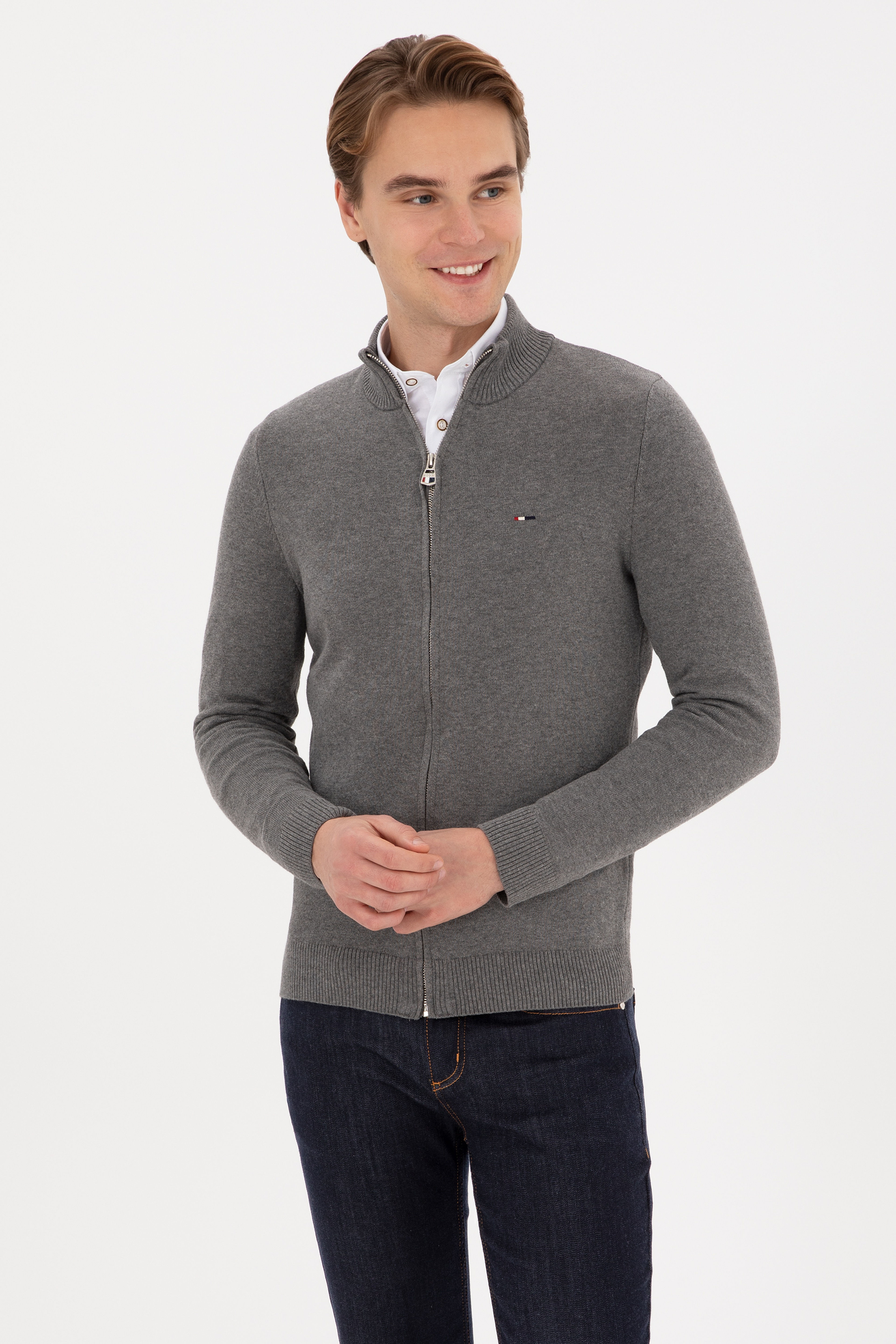 Erkek Slim Fit Gri Melanj Basic Triko Hırka - Image 3