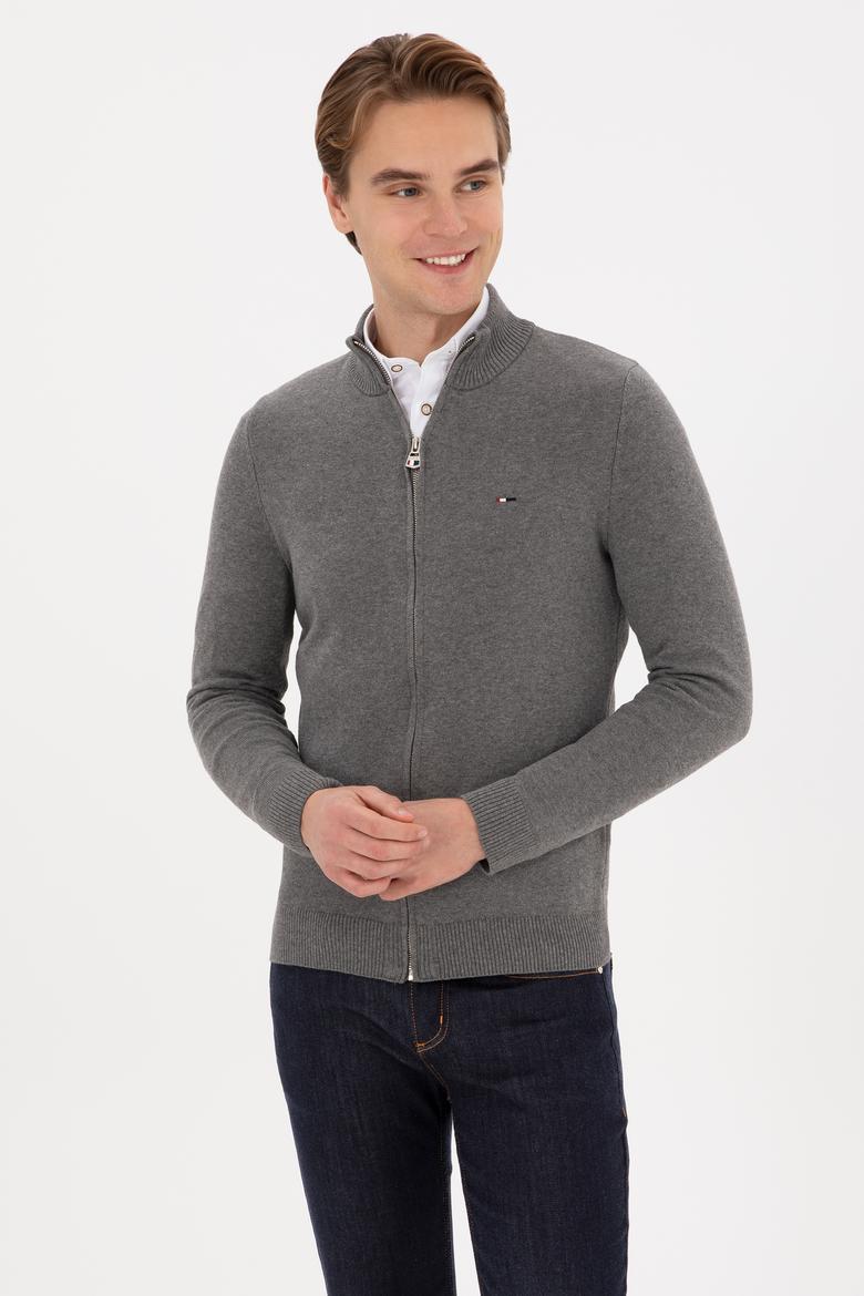 Erkek Gri Melanj Basic Triko Hırka - 50313688065