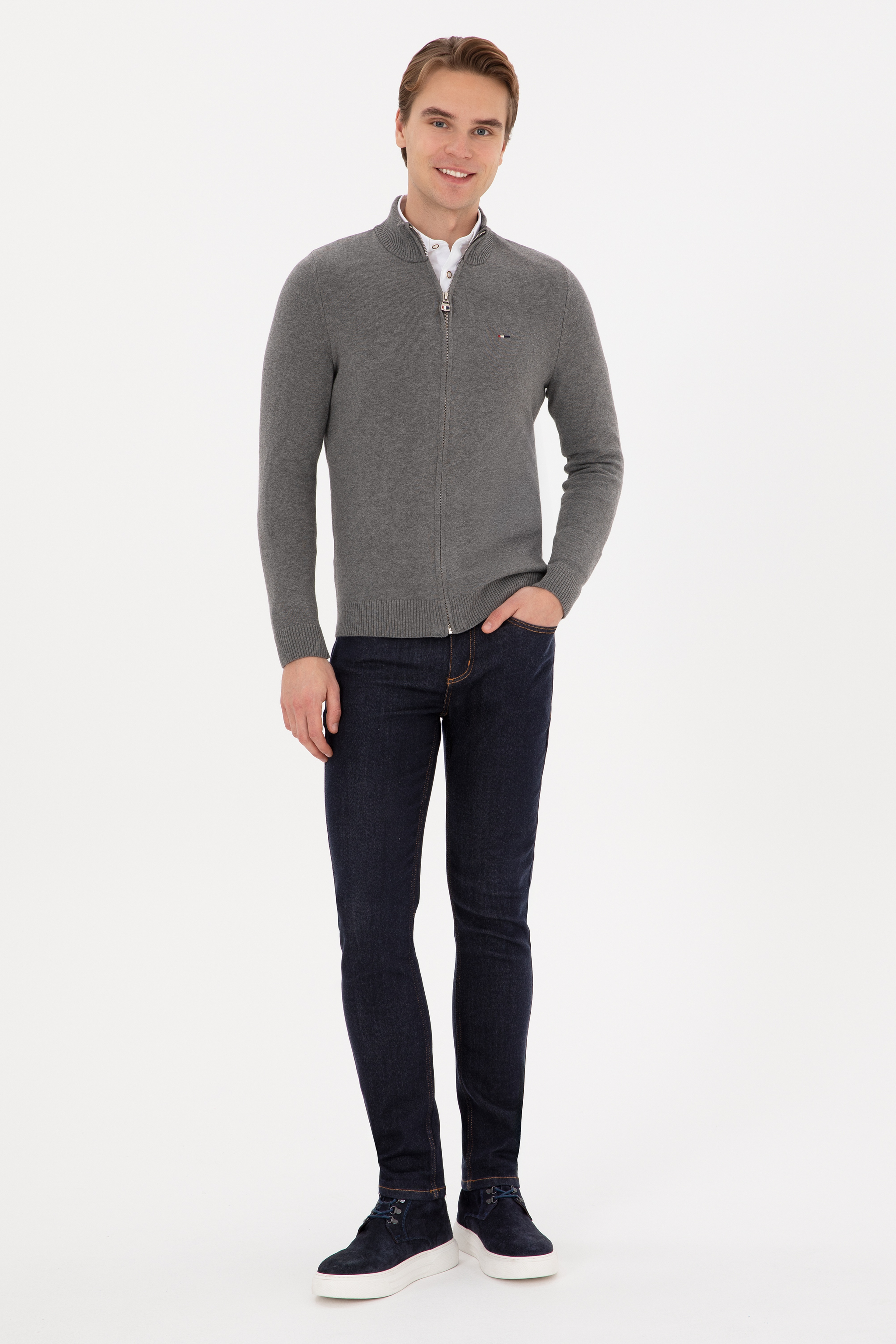 Erkek Slim Fit Gri Melanj Basic Triko Hırka - Image 4