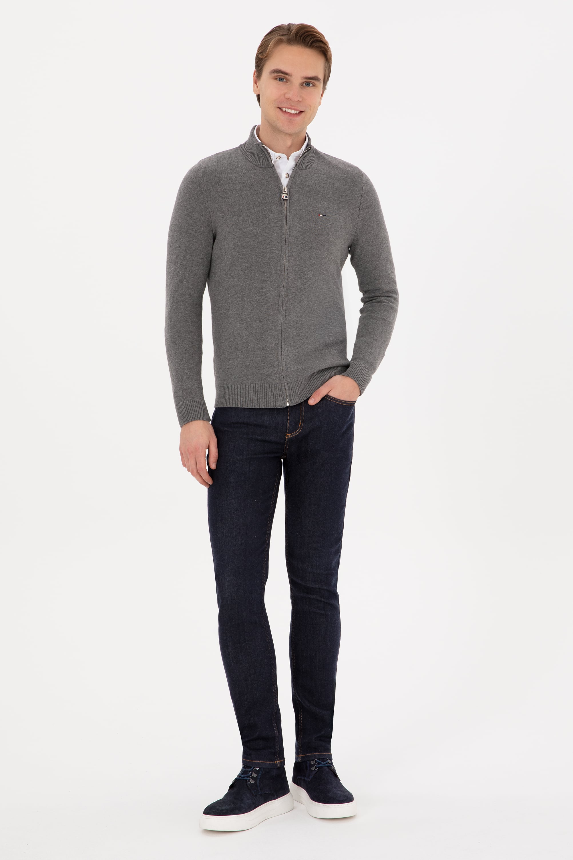 Erkek Slim Fit Gri Melanj Basic Triko Hırka