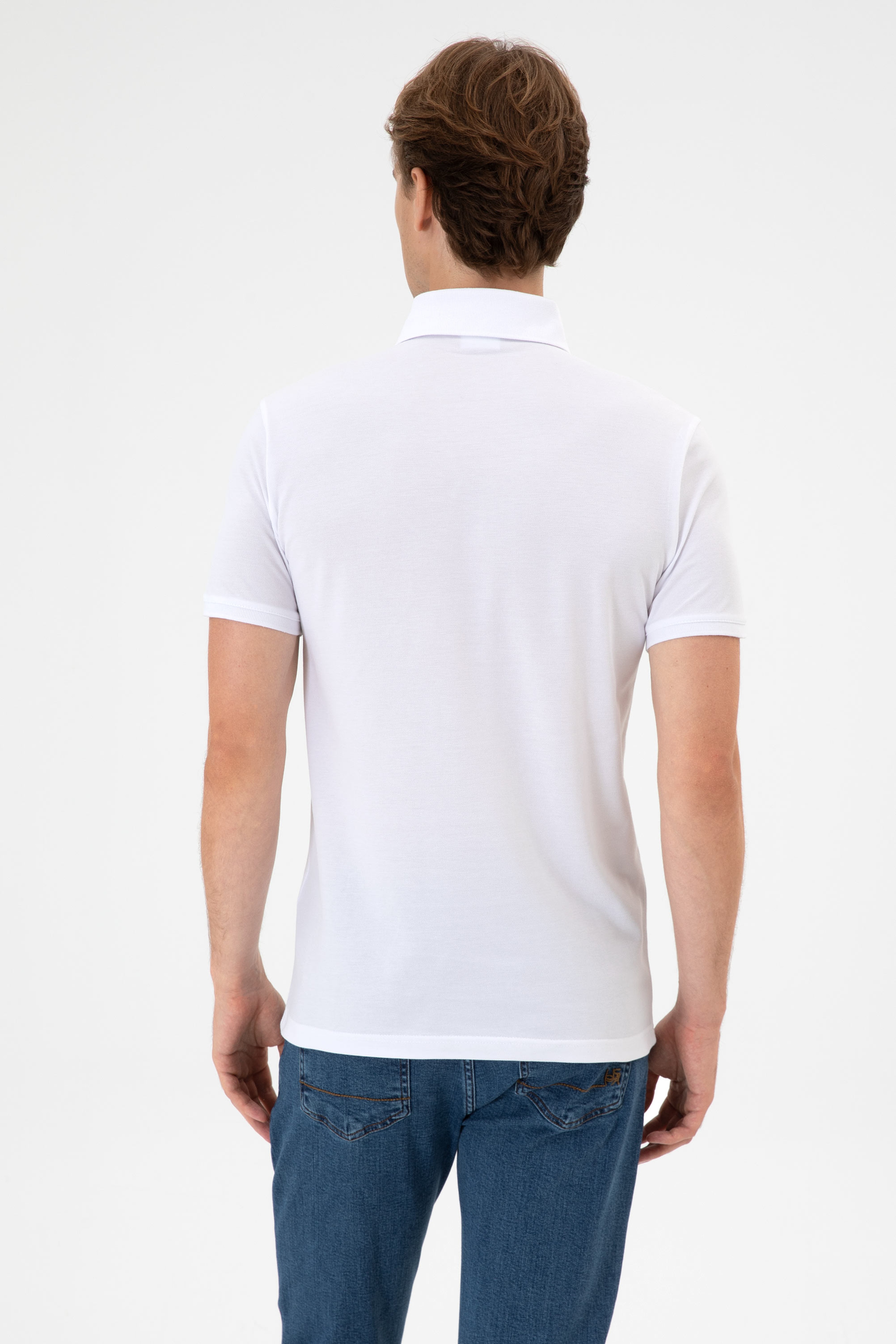 Erkek Slim Fit Polo Yaka Beyaz Basic Tişört - Image 5
