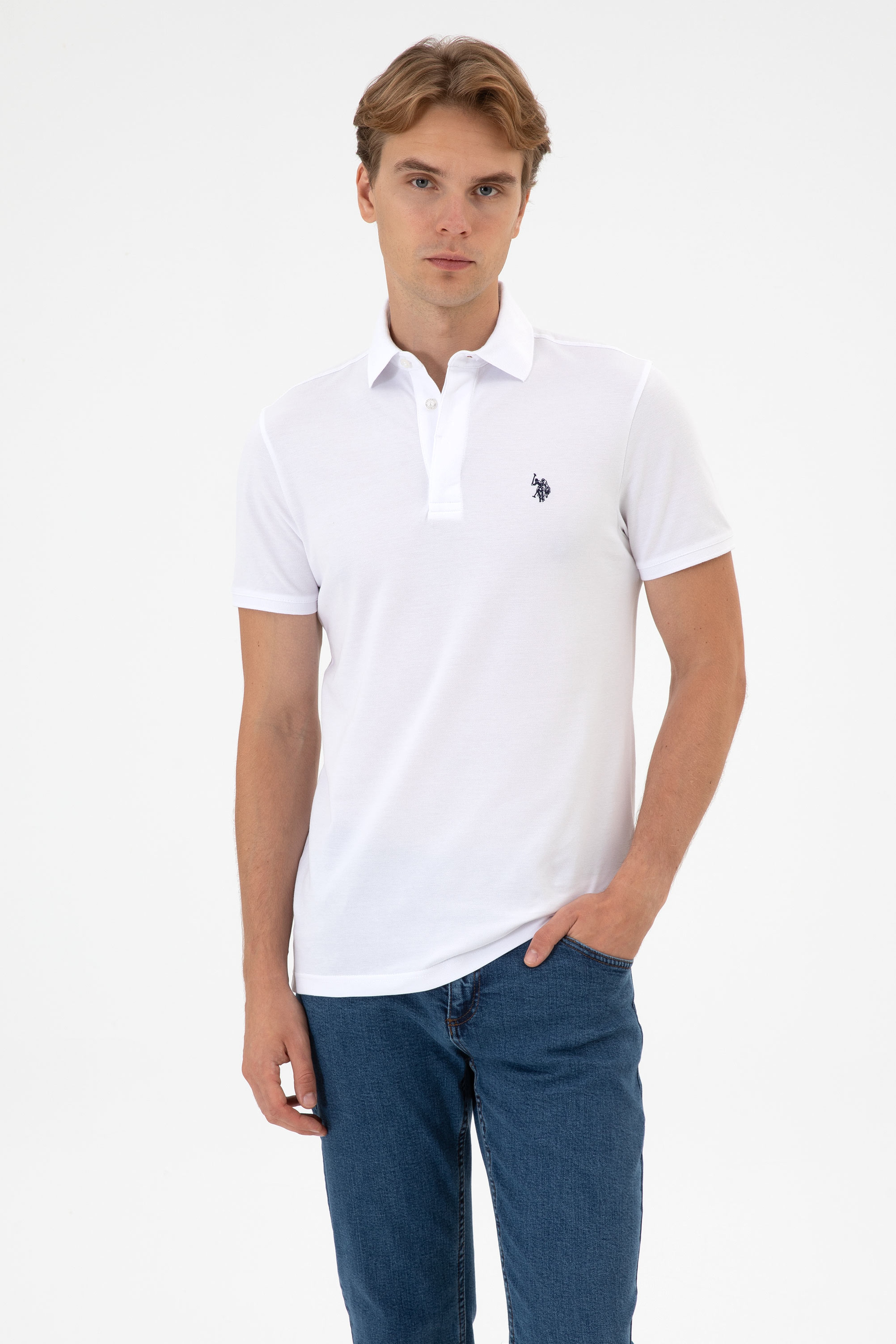 Erkek Slim Fit Polo Yaka Beyaz Basic Tişört - Image 1