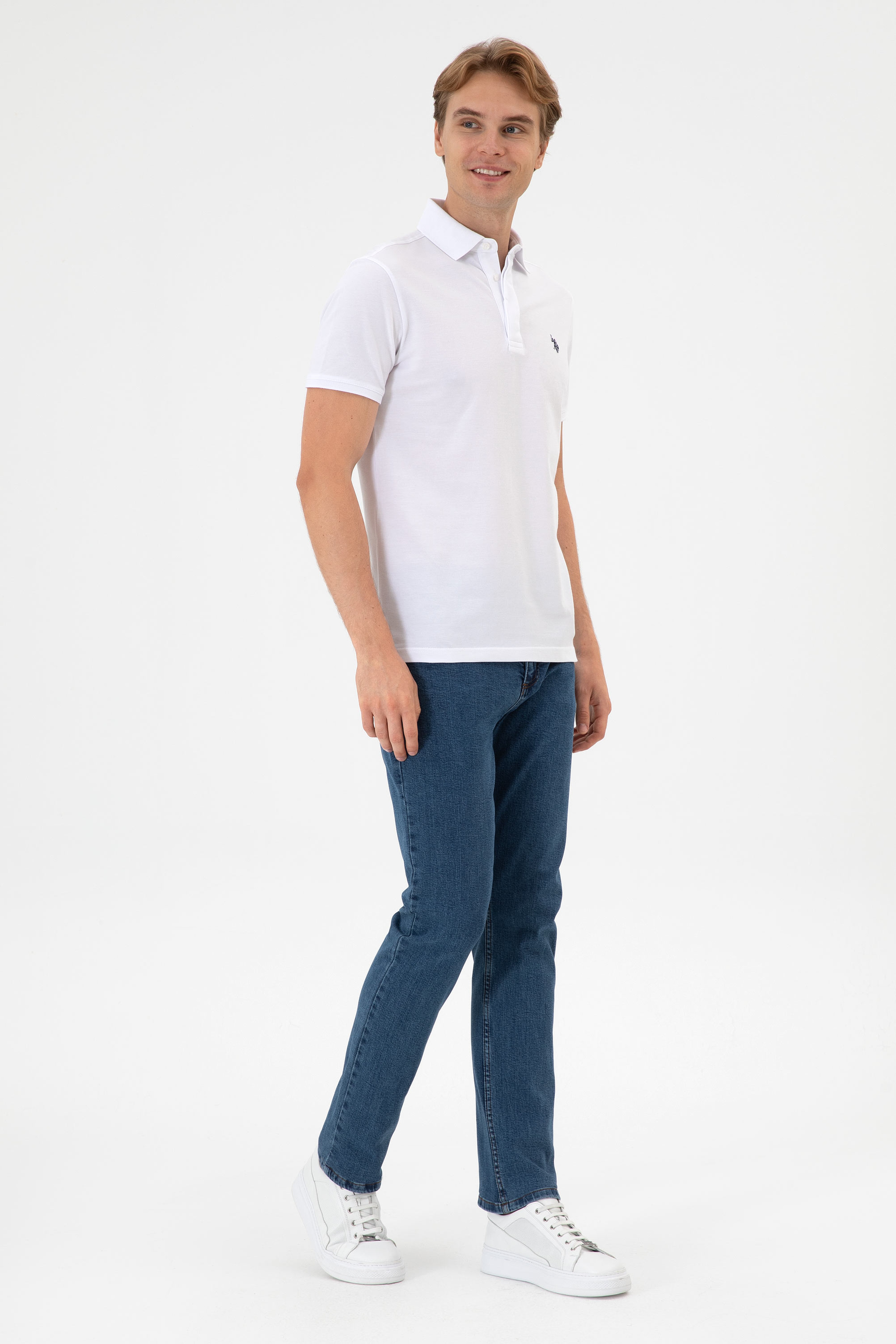 Erkek Slim Fit Polo Yaka Beyaz Basic Tişört - Image 4
