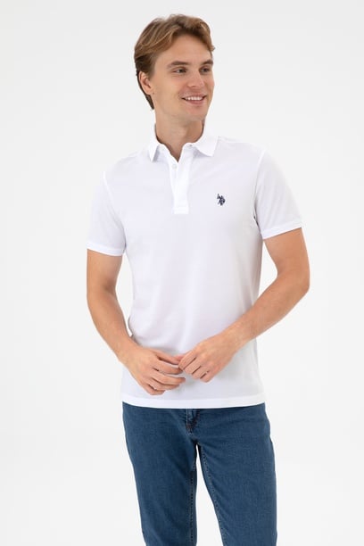 Erkek Slim Fit Polo Yaka Beyaz Basic Tişört