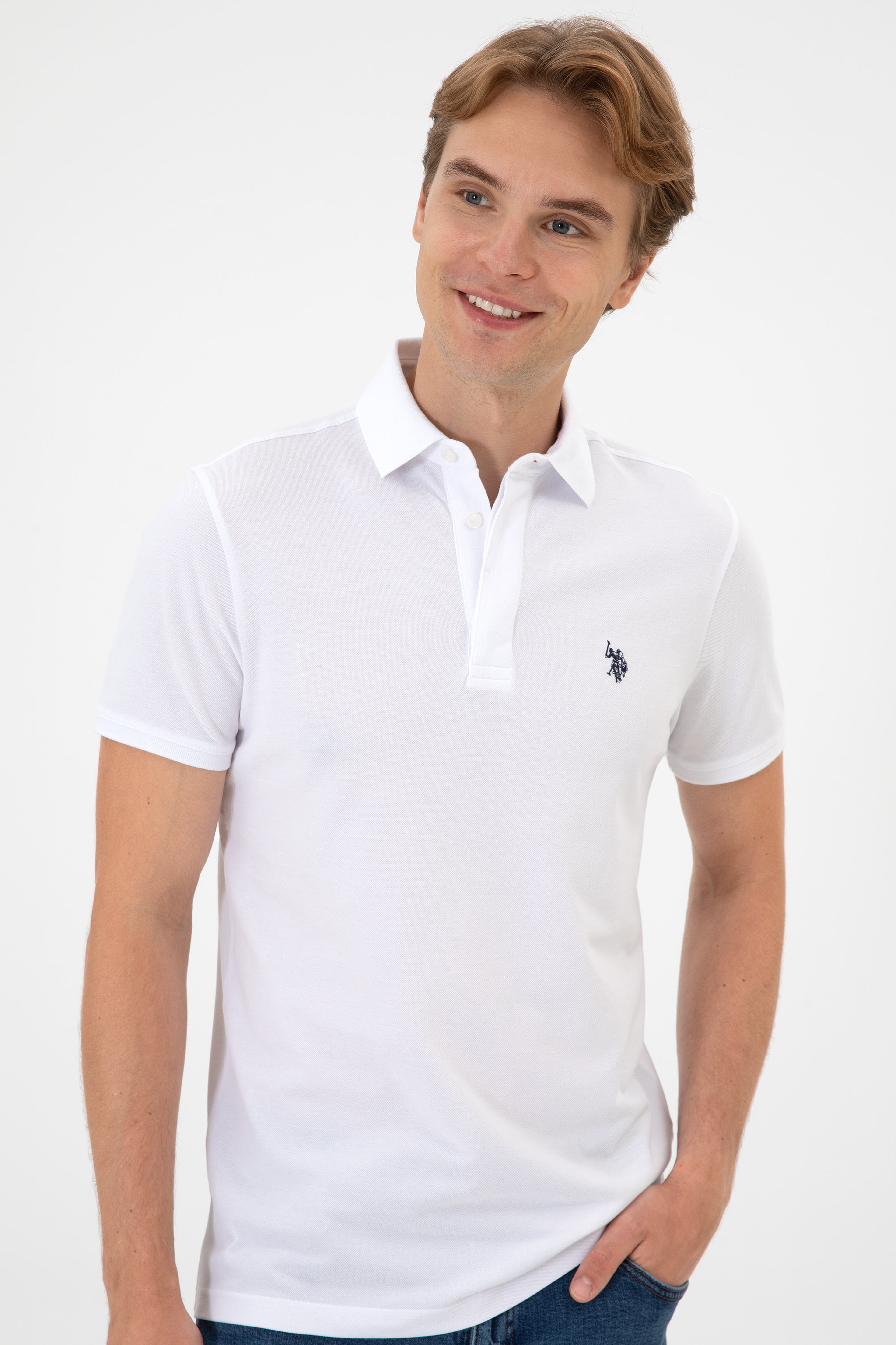 Erkek Slim Fit Polo Yaka Beyaz Basic Tişört - Image 2