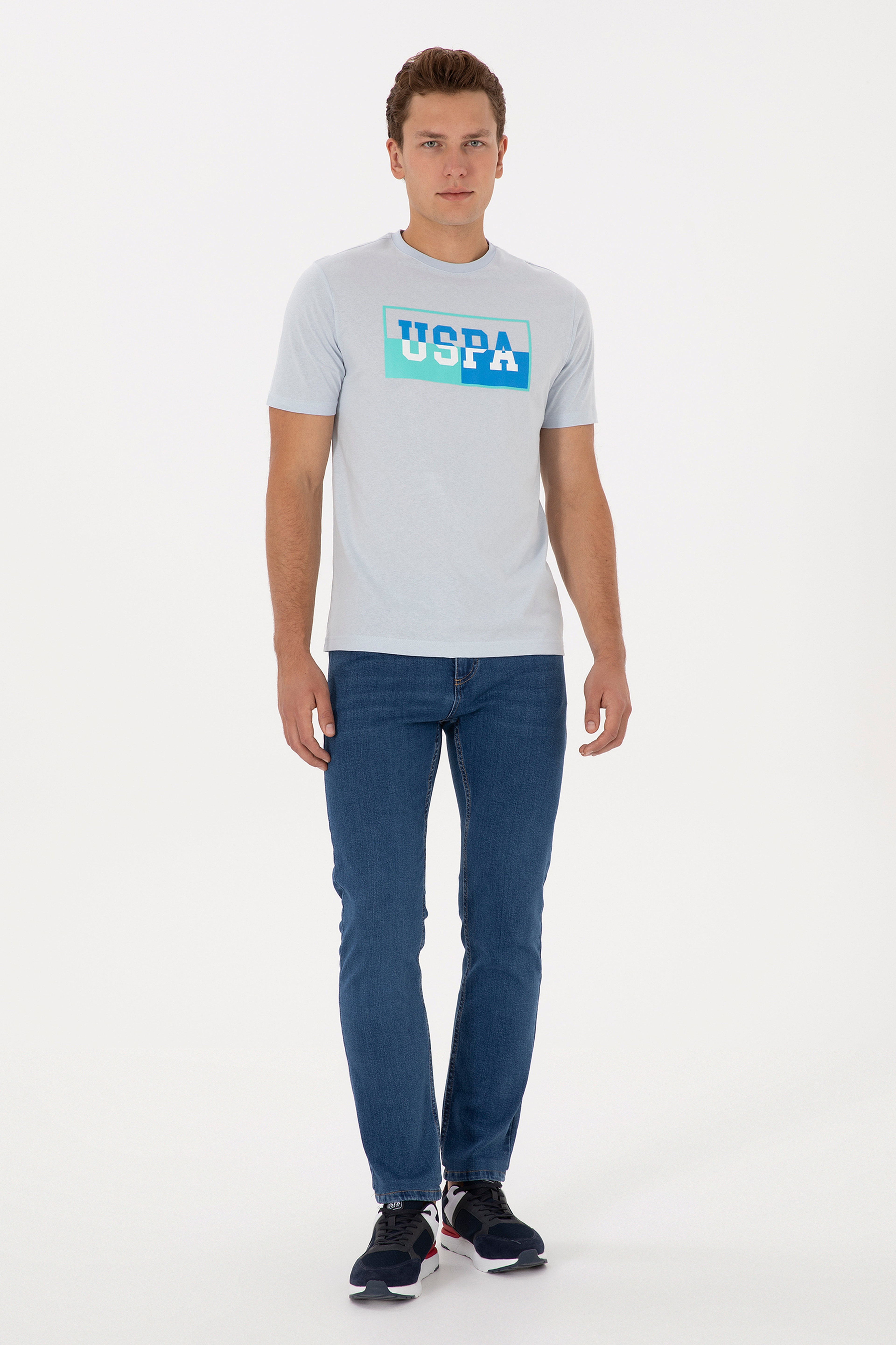 Erkek Regular Fit Bisiklet Yaka Açık Mavi Tişört