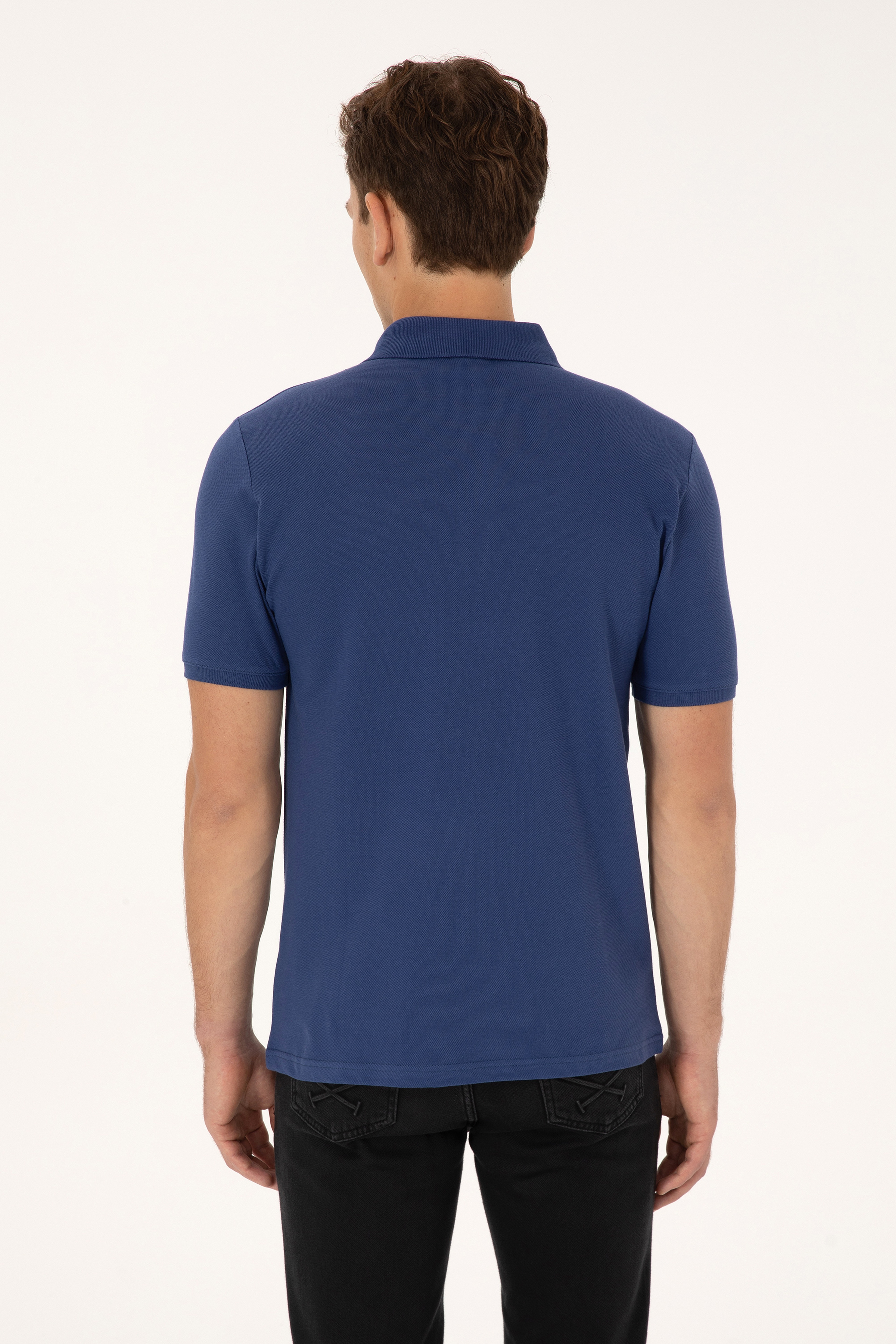 Erkek Regular Fit Polo Yaka İndigo Tişört - Image 5