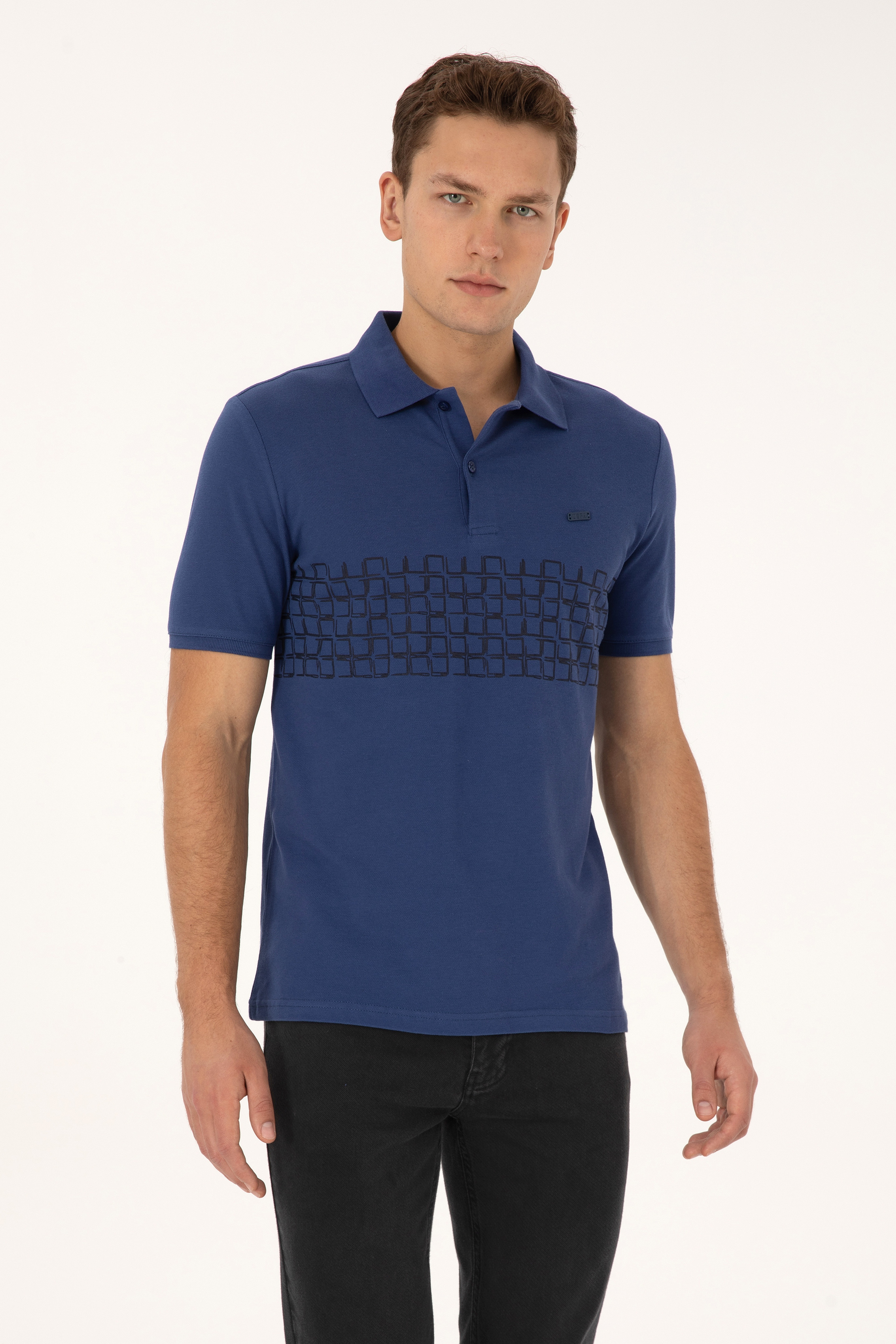 Erkek Regular Fit Polo Yaka İndigo Tişört - Image 3