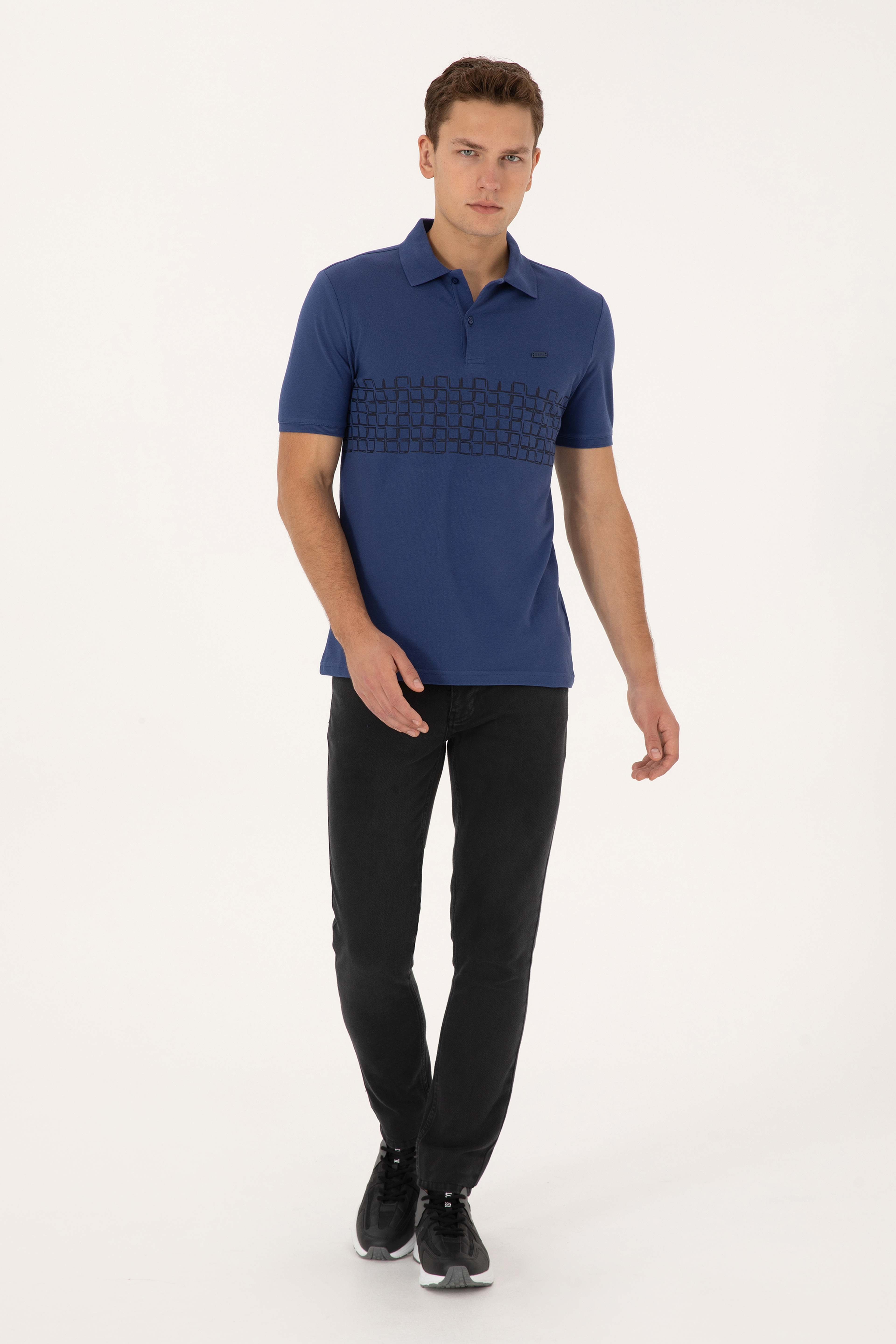 Erkek Regular Fit Polo Yaka İndigo Tişört - Image 4