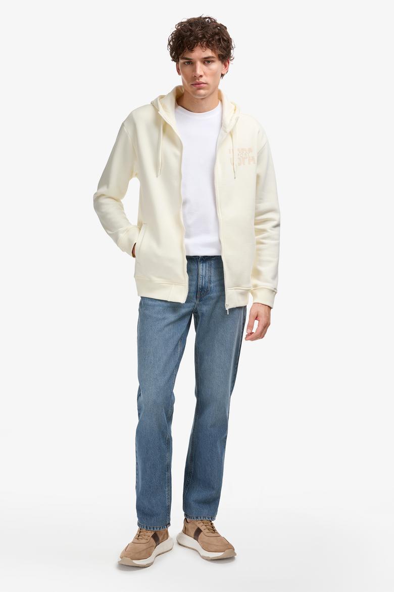 Erkek Comfort Fit Fermuarlı Kapüşonlu Krem Örme Hırka - 50315757018