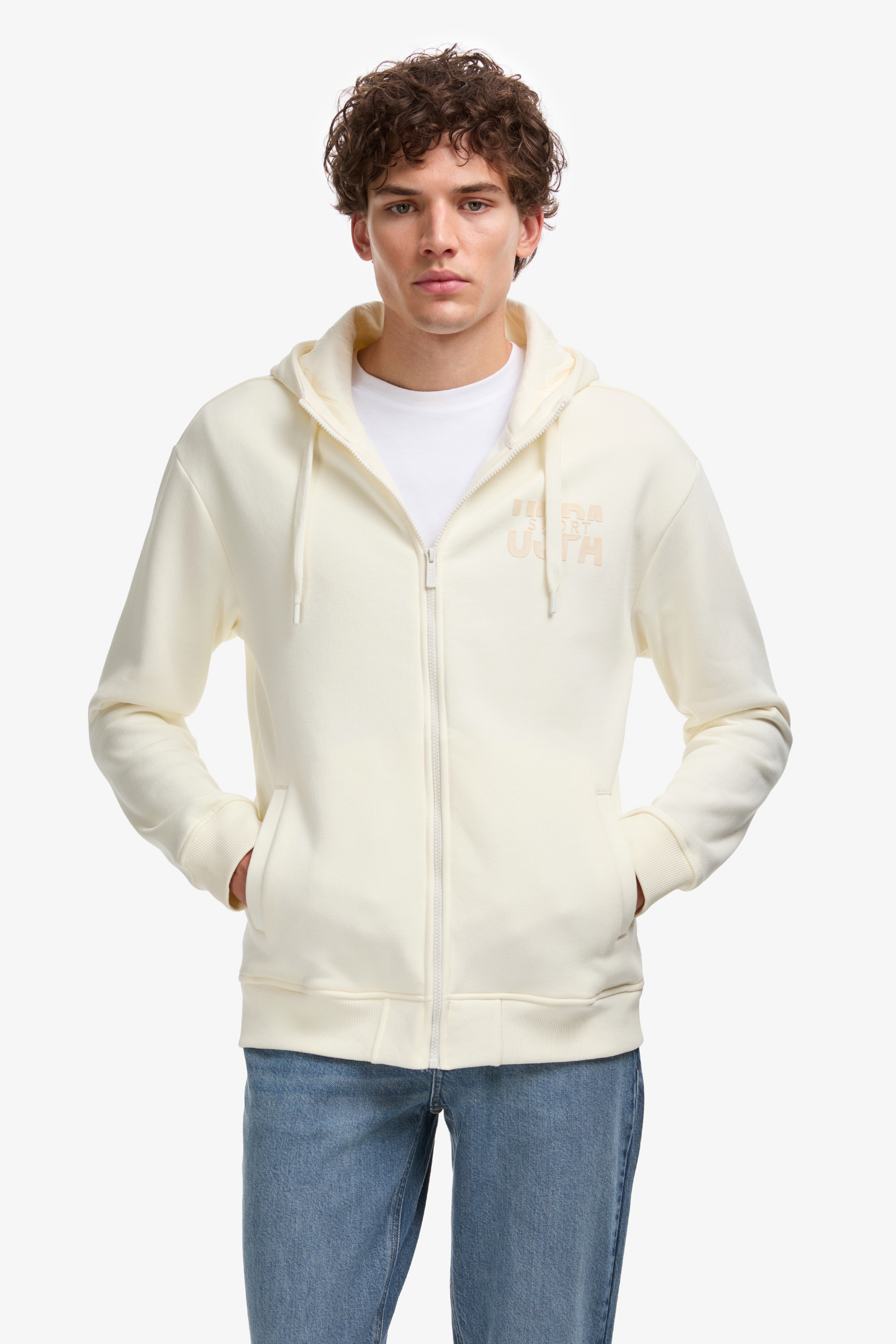 Erkek Comfort Fit Fermuarlı Kapüşonlu Krem Örme Hırka - Image 1