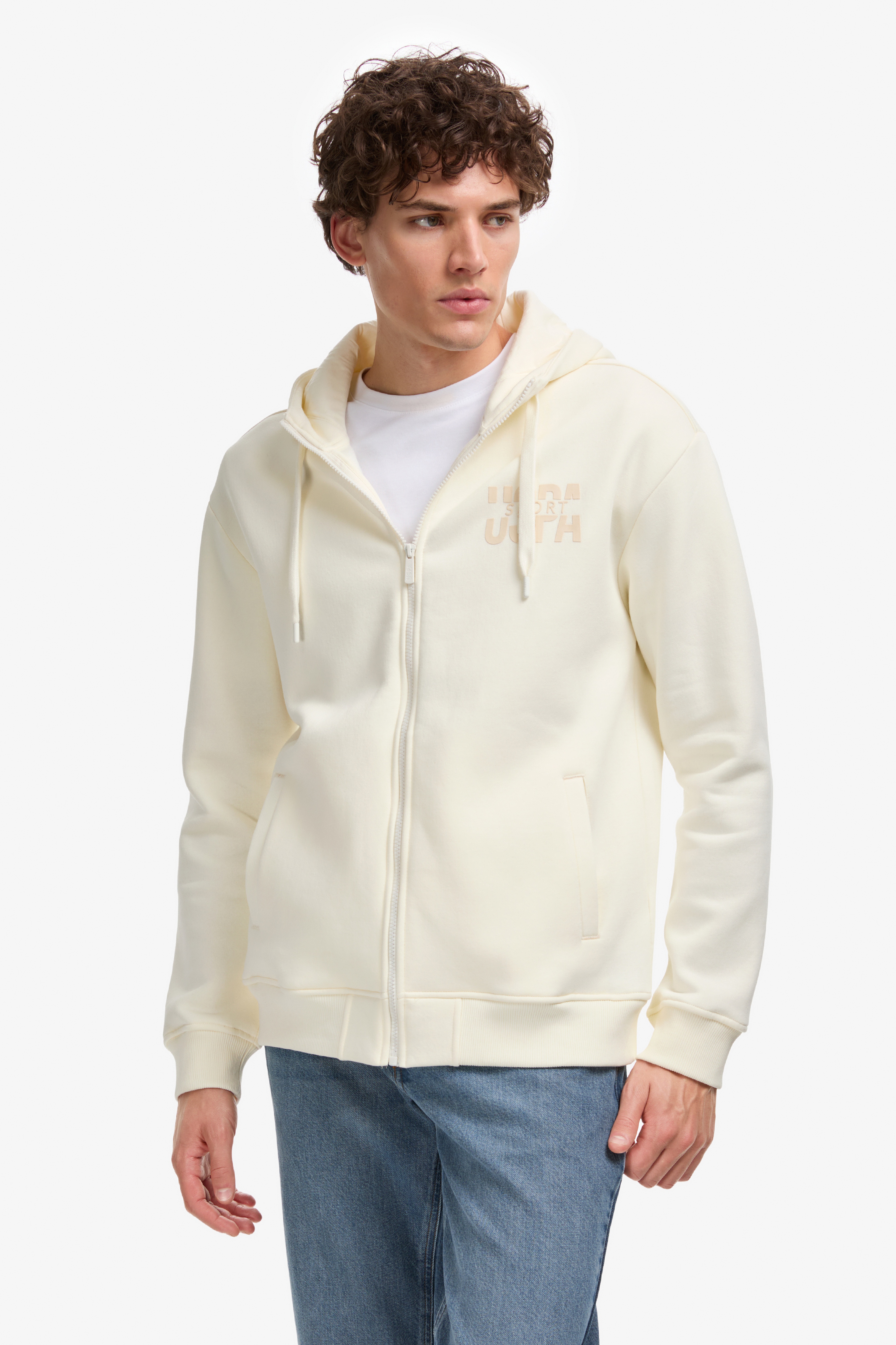 Erkek Comfort Fit Fermuarlı Kapüşonlu Krem Örme Hırka - Image 3