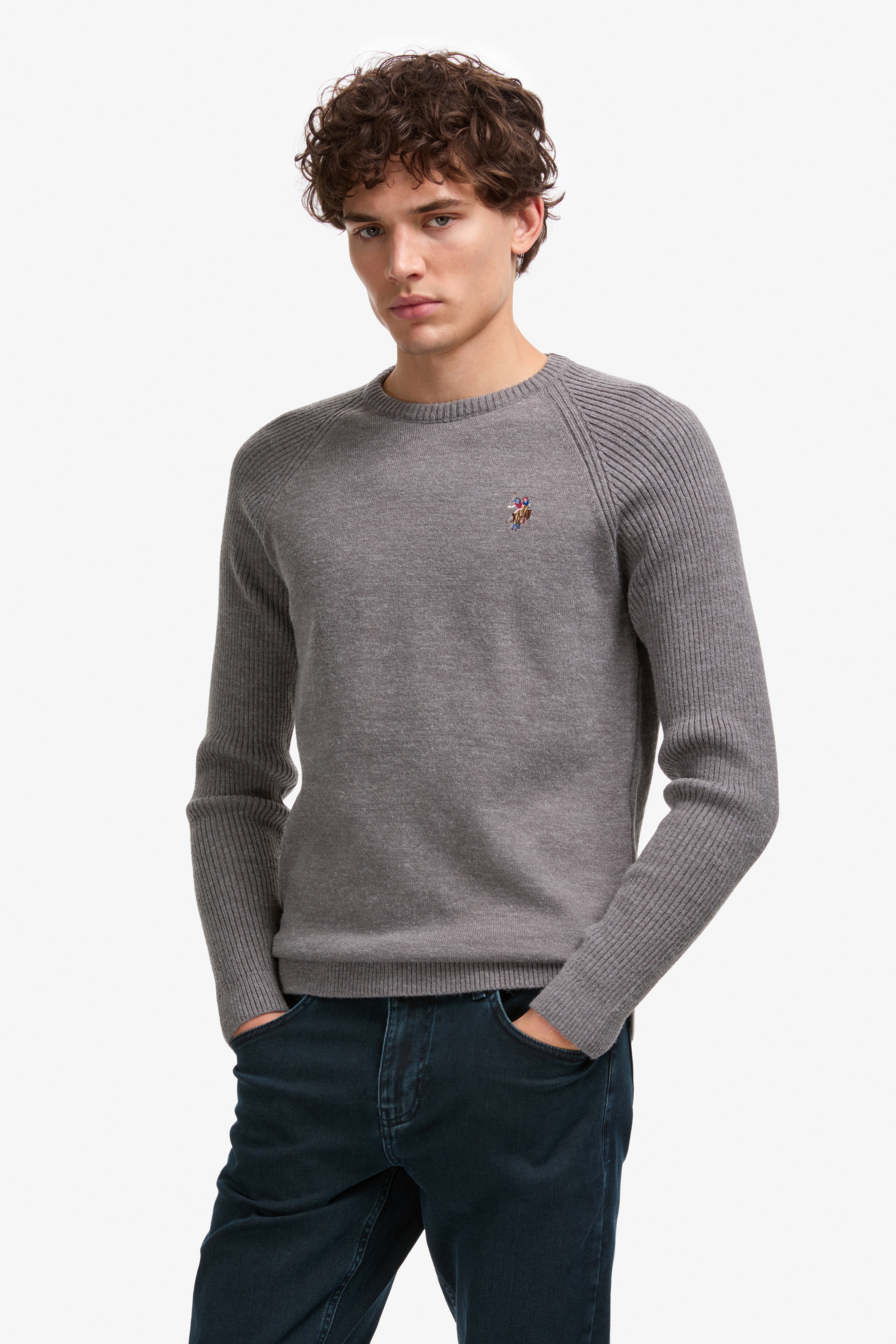 Erkek Regular Fit Bisiklet Yaka Gri Kazak - Image 1