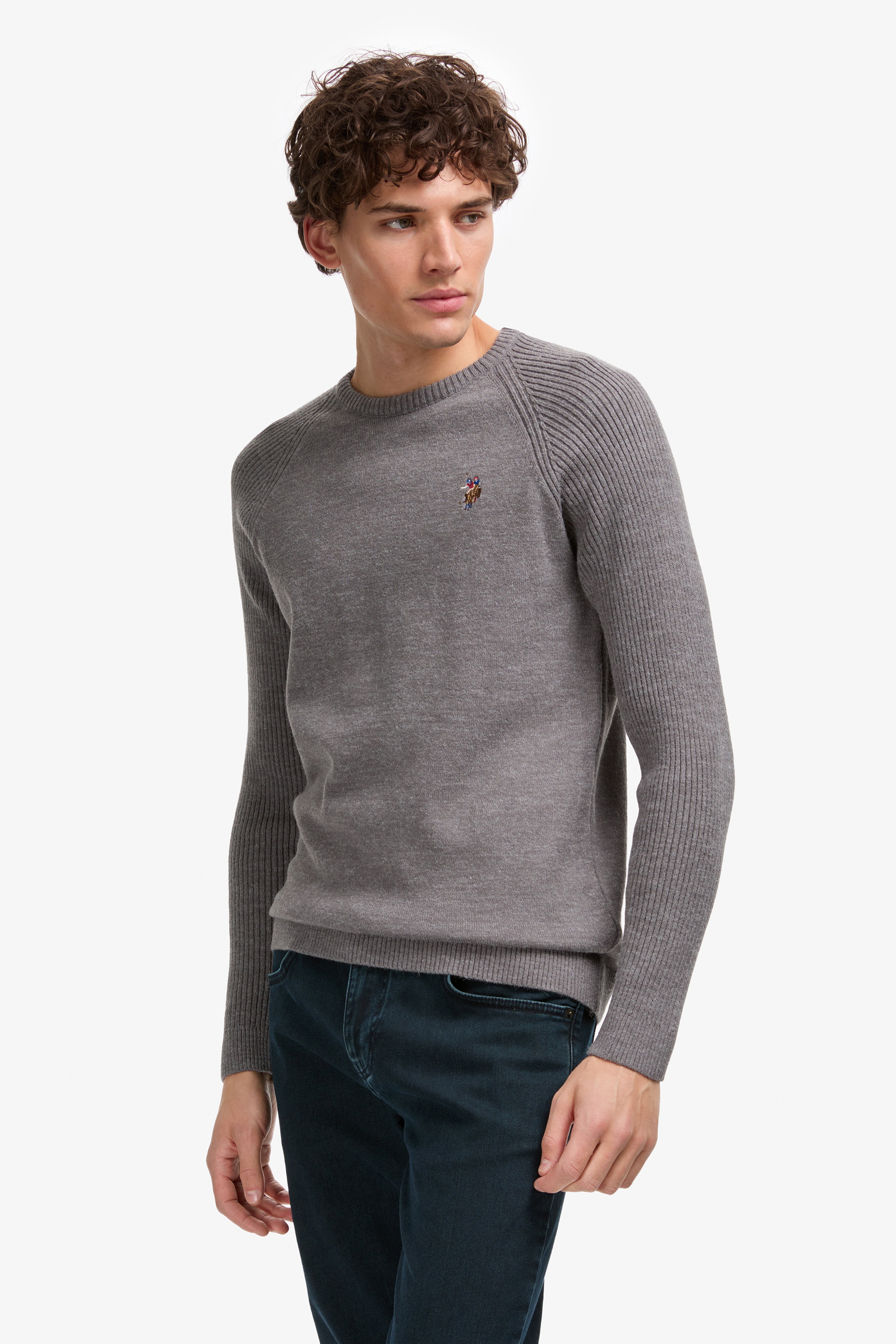 Erkek Regular Fit Bisiklet Yaka Gri Kazak