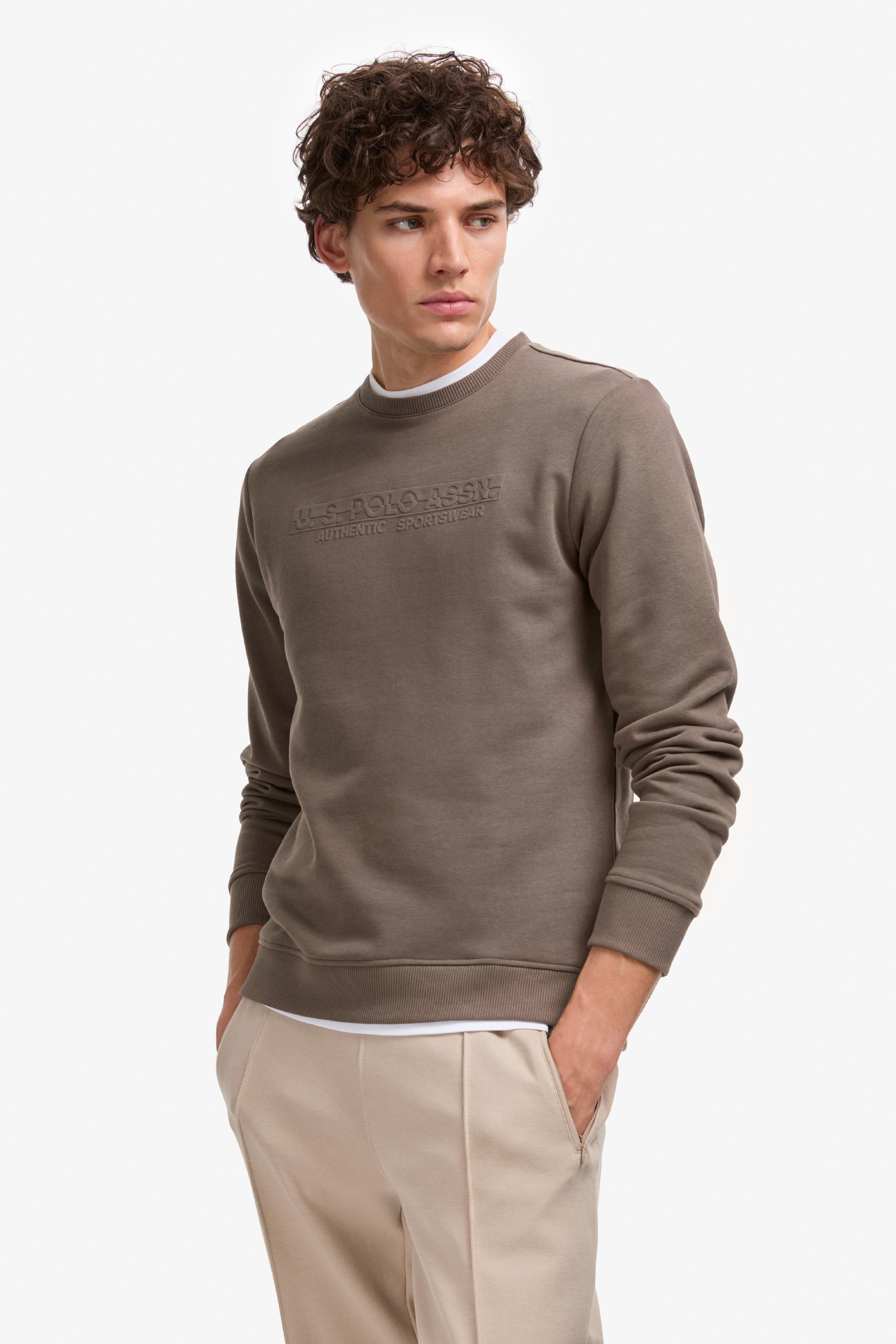 Erkek Regular Fit Bisiklet Yaka Vizon Sweatshirt - Image 3