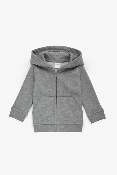Erkek Bebek Gri Melanj Kapüşonlu Fermuarlı Basic Sweatshirt