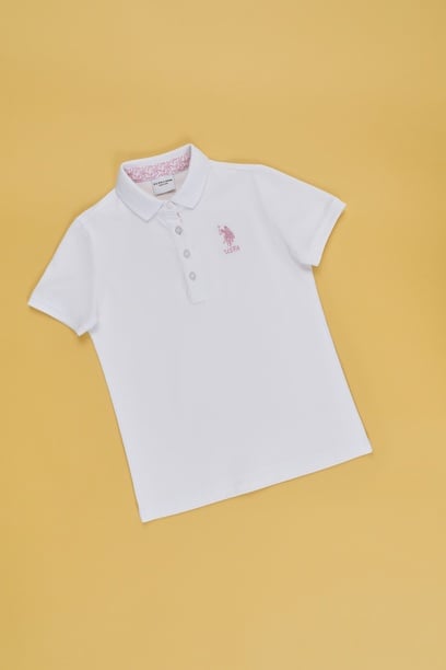 Kız Çocuk Beyaz Polo Yaka Basic Tişört