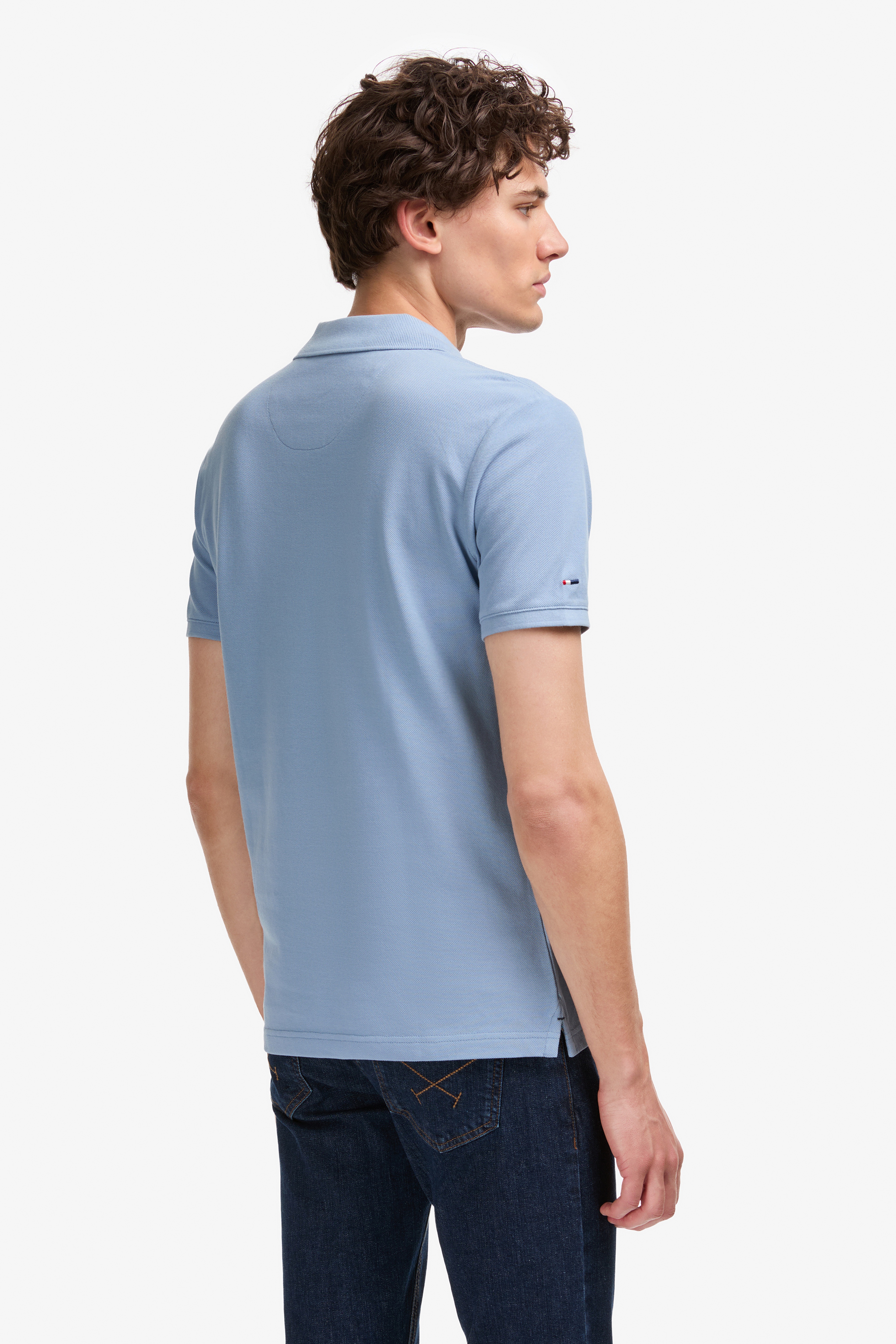 Erkek Slim Fit Polo Yaka Mavi Basic Tişört - Image 5
