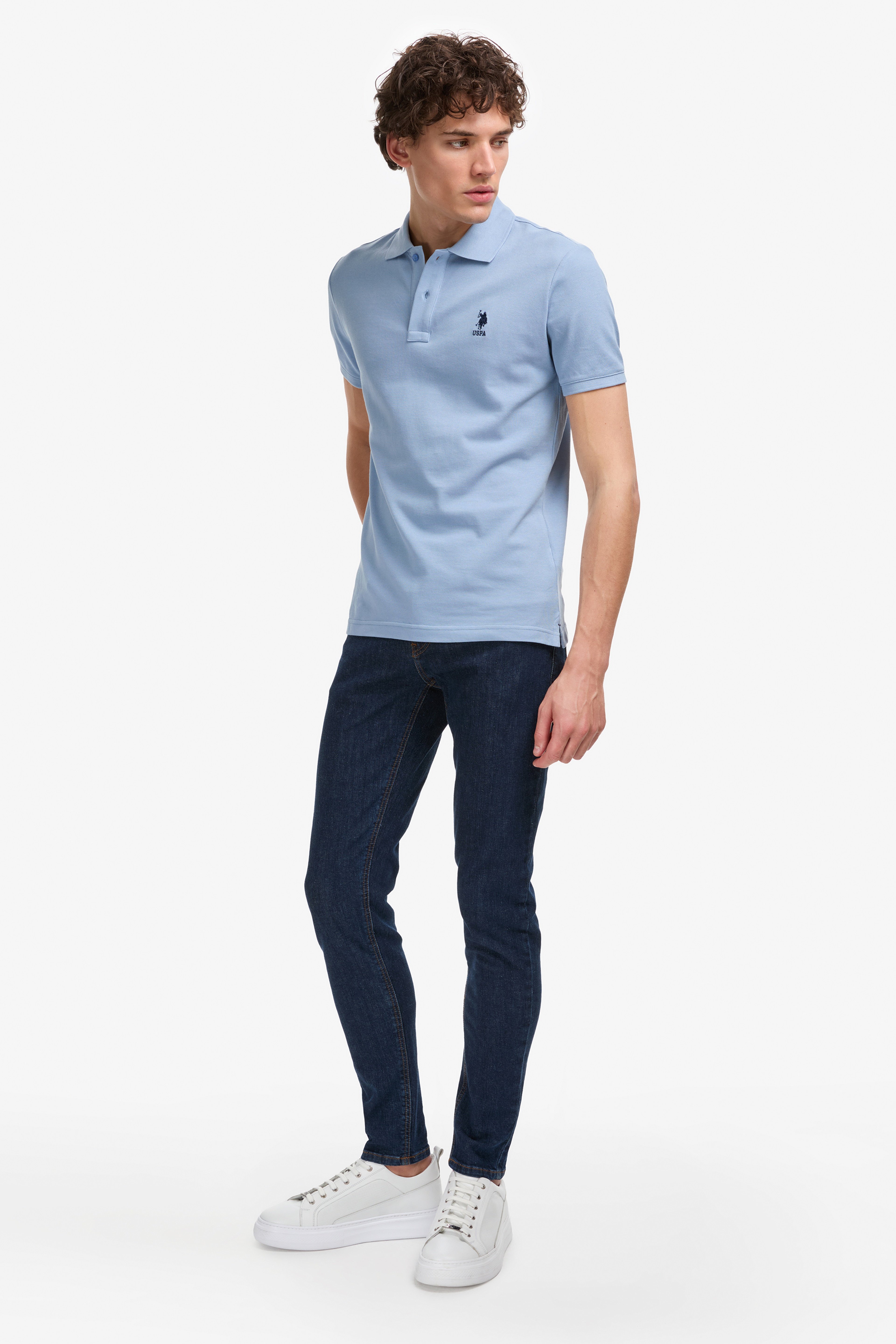 Erkek Slim Fit Polo Yaka Mavi Basic Tişört - Image 4