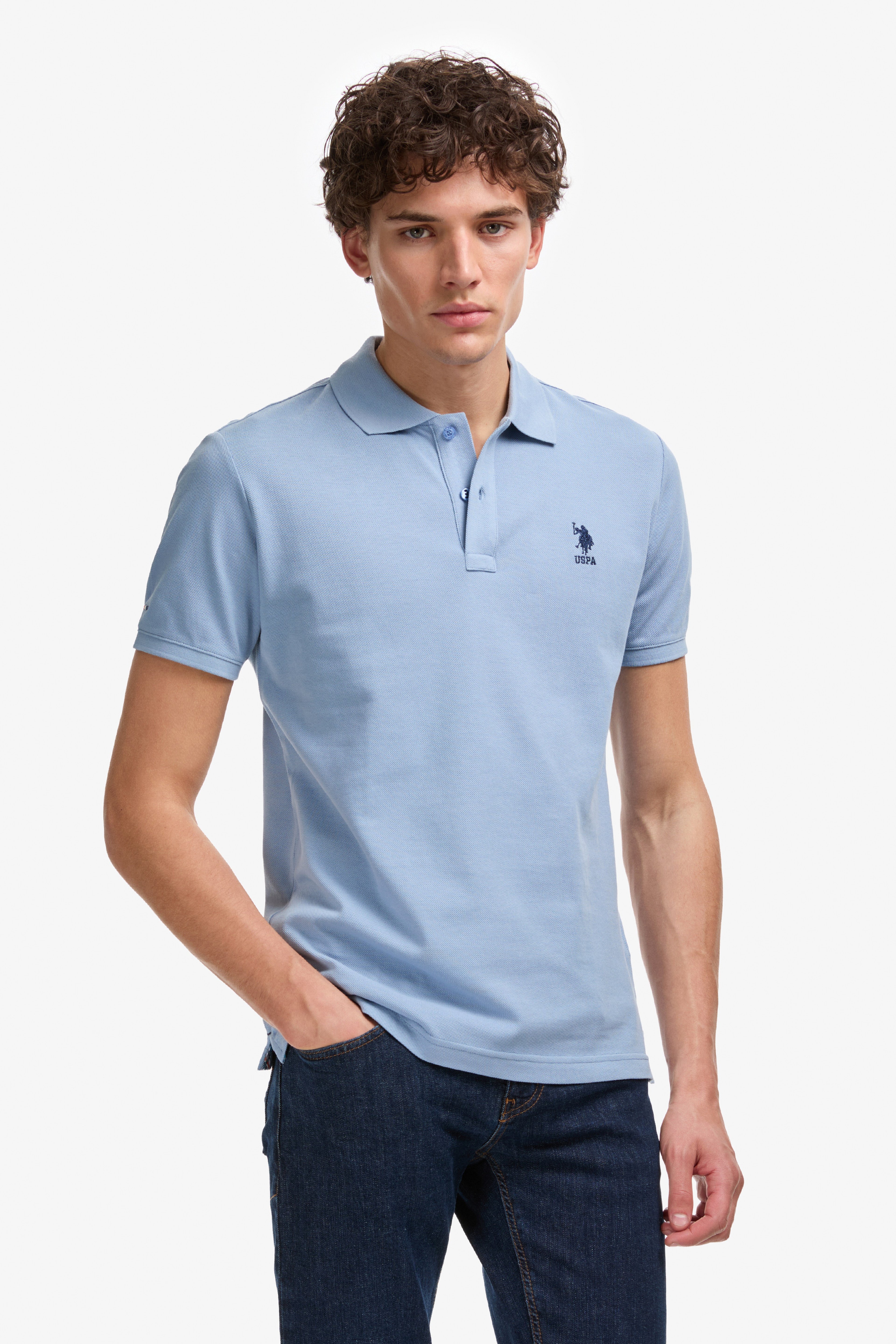 Erkek Slim Fit Polo Yaka Mavi Basic Tişört - Image 1