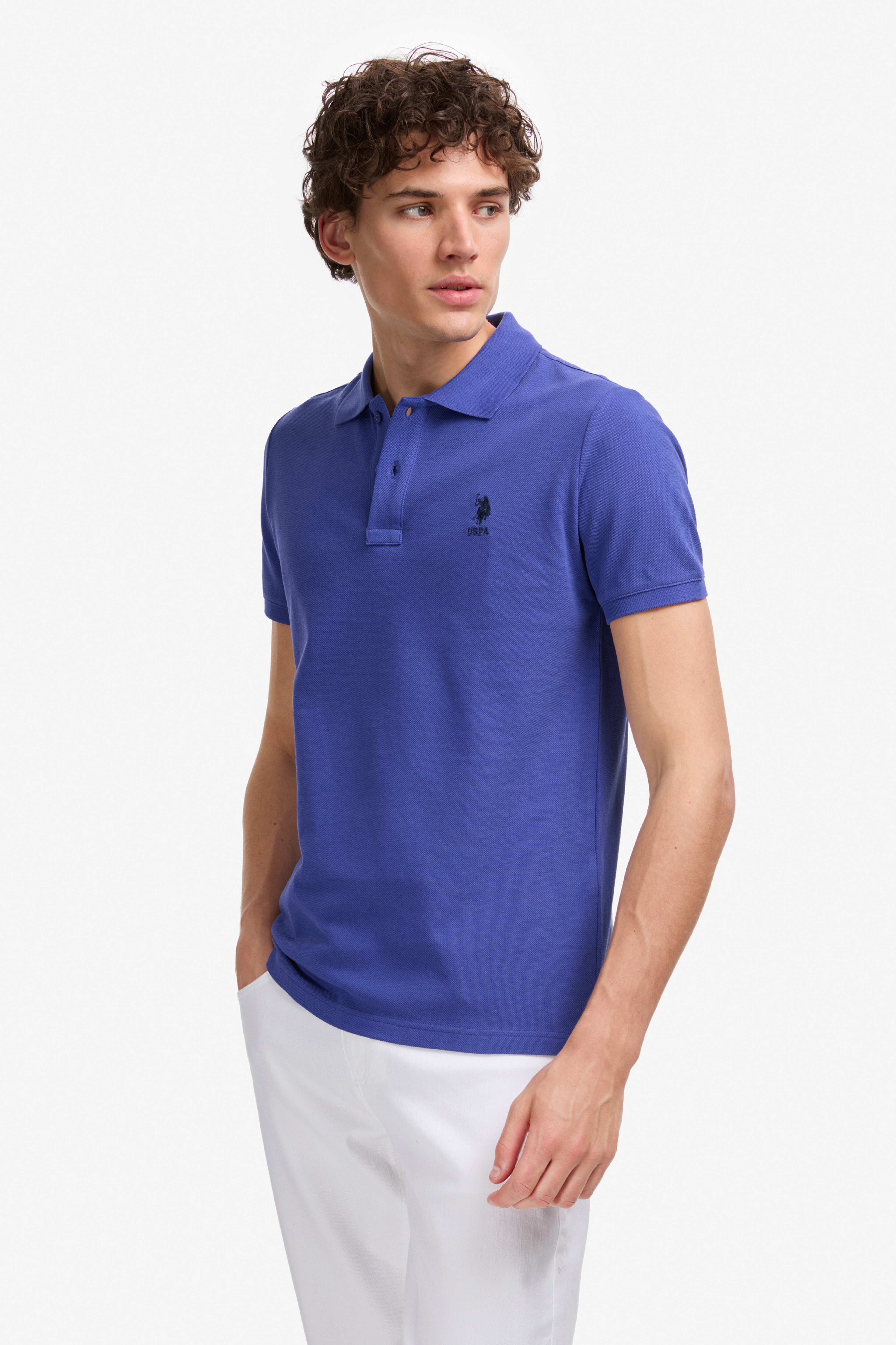 Erkek Slim Fit Polo Yaka Mavi Basic Tişört - Image 3