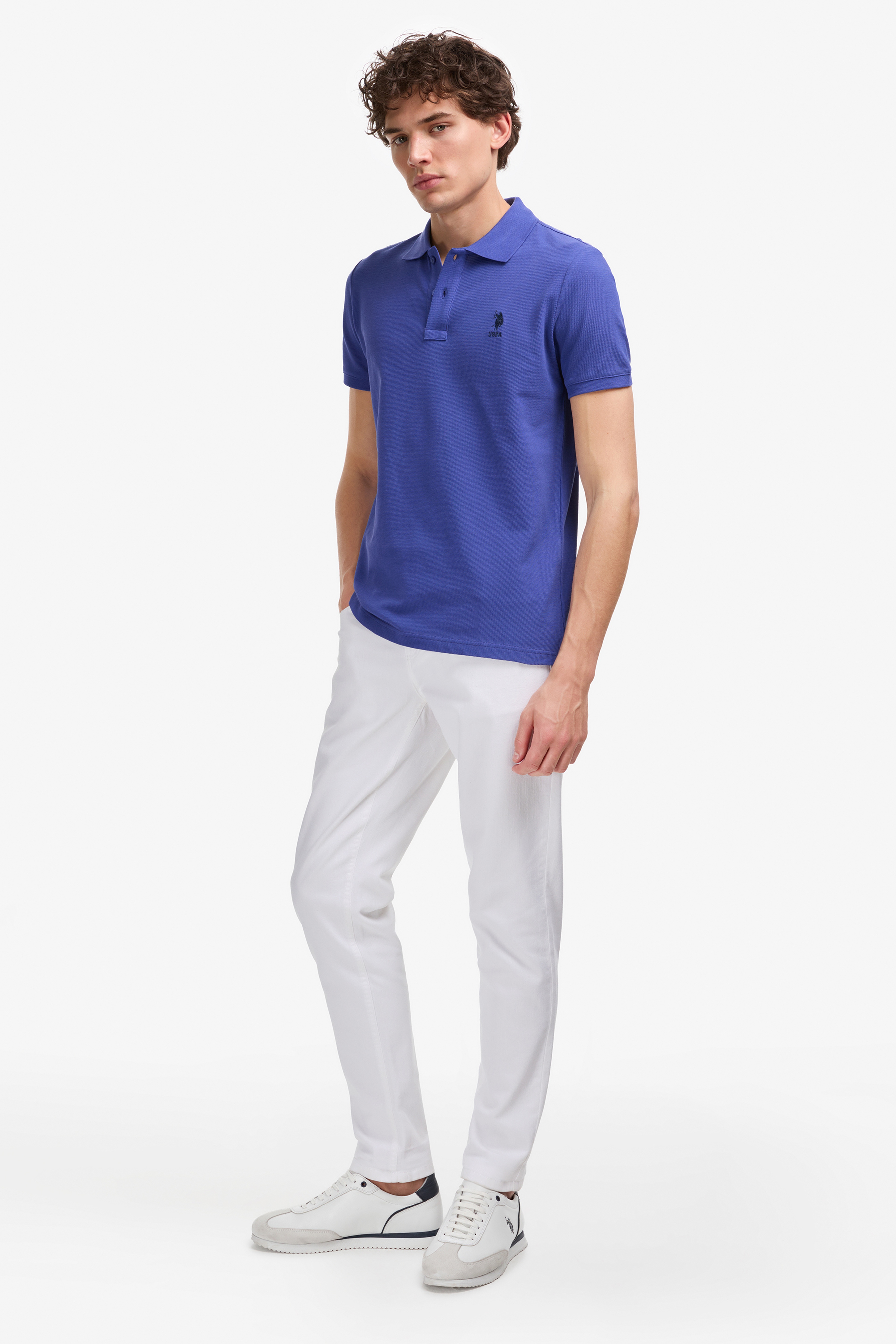 Erkek Slim Fit Polo Yaka Mavi Basic Tişört - Image 4