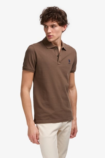 Erkek Slim Fit Polo Yaka Kahverengi Basic Tişört