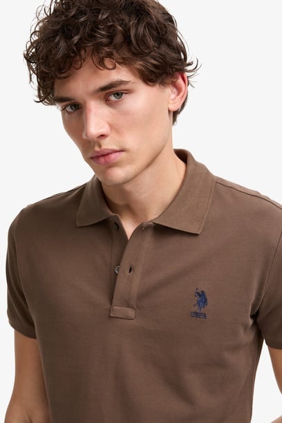 Erkek Slim Fit Polo Yaka Kahverengi Basic Tişört