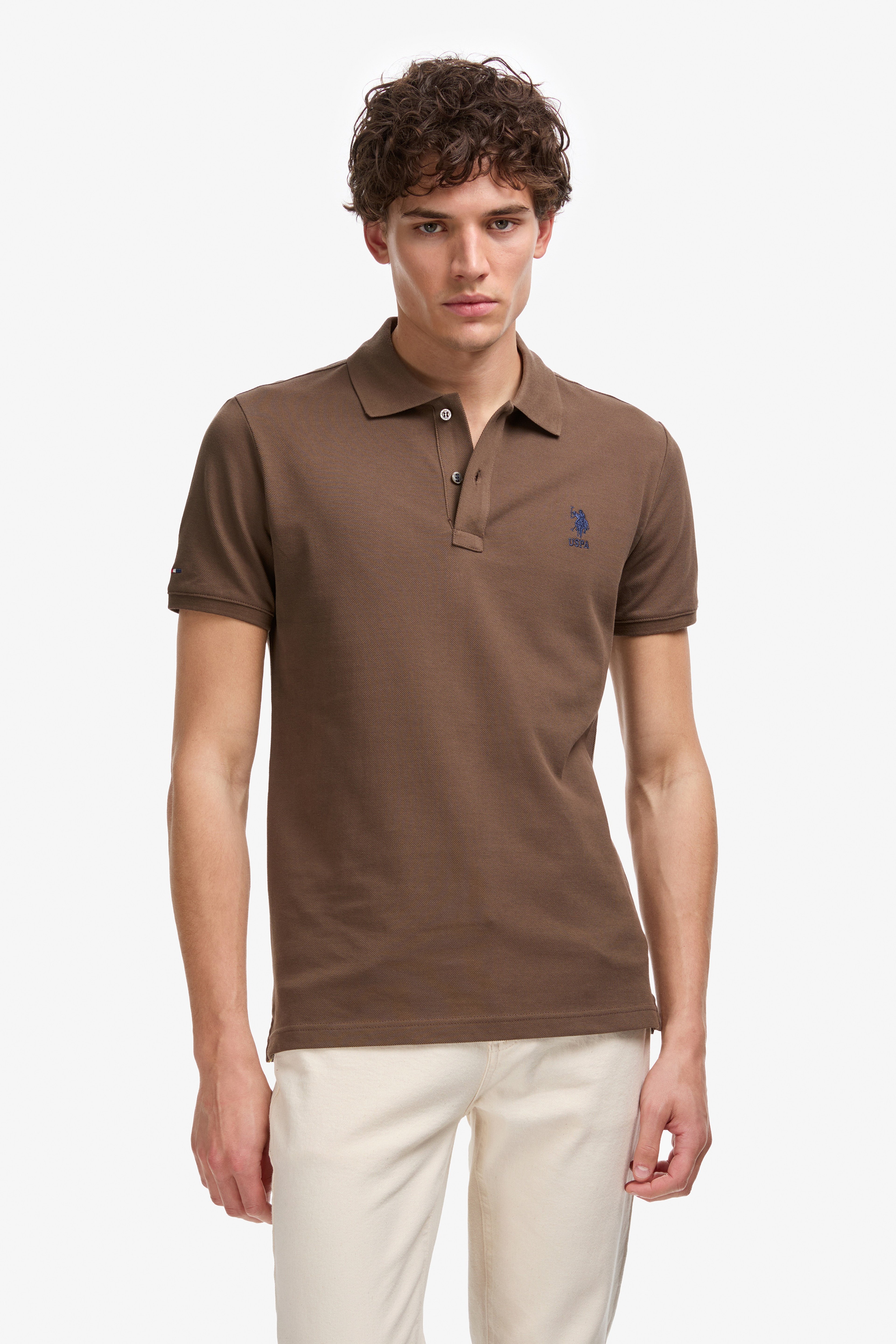 Erkek Slim Fit Polo Yaka Kahverengi Basic Tişört - Image 1