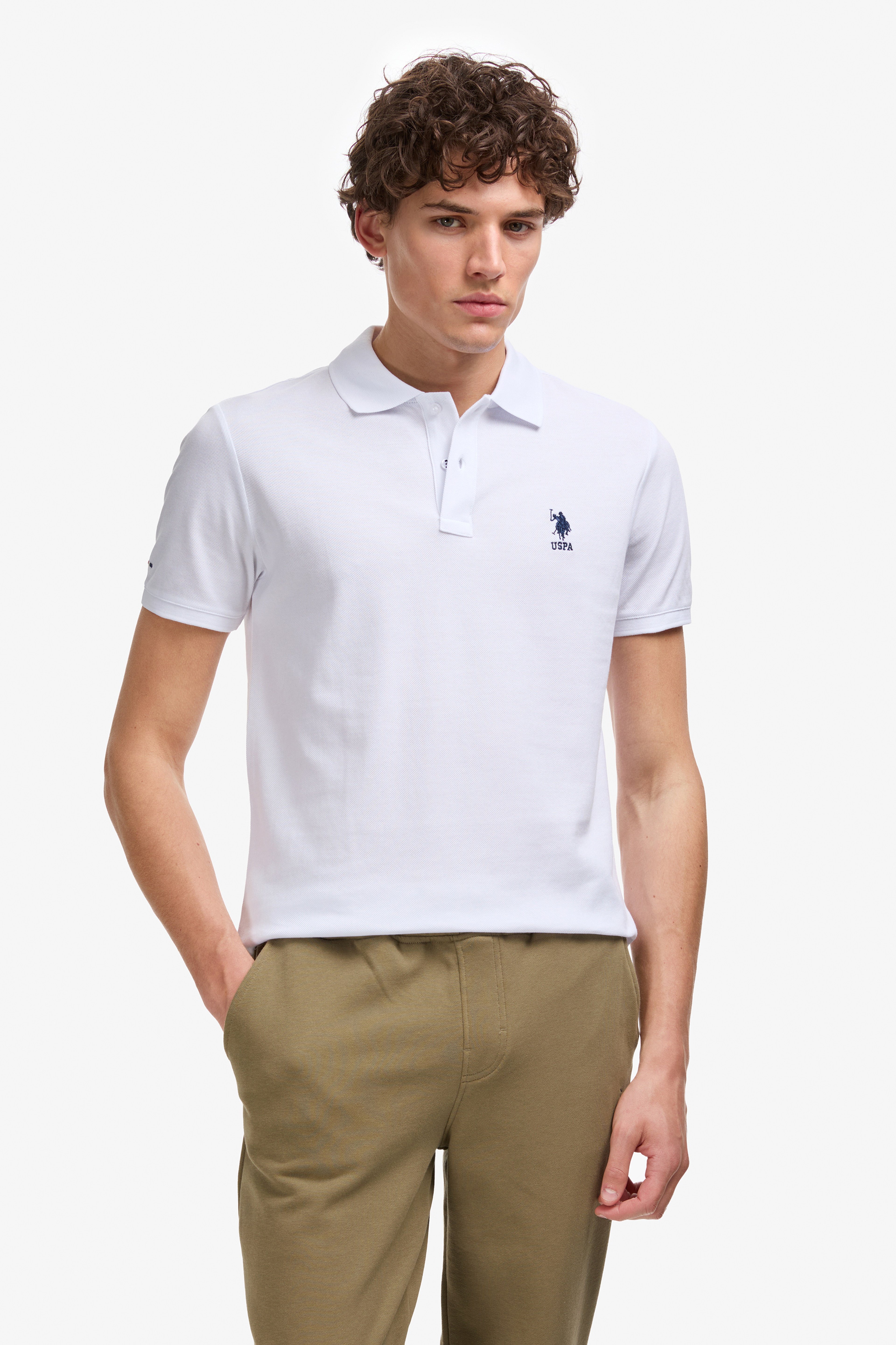 Erkek Slim Fit Polo Yaka Beyaz Basic Tişört - Image 1