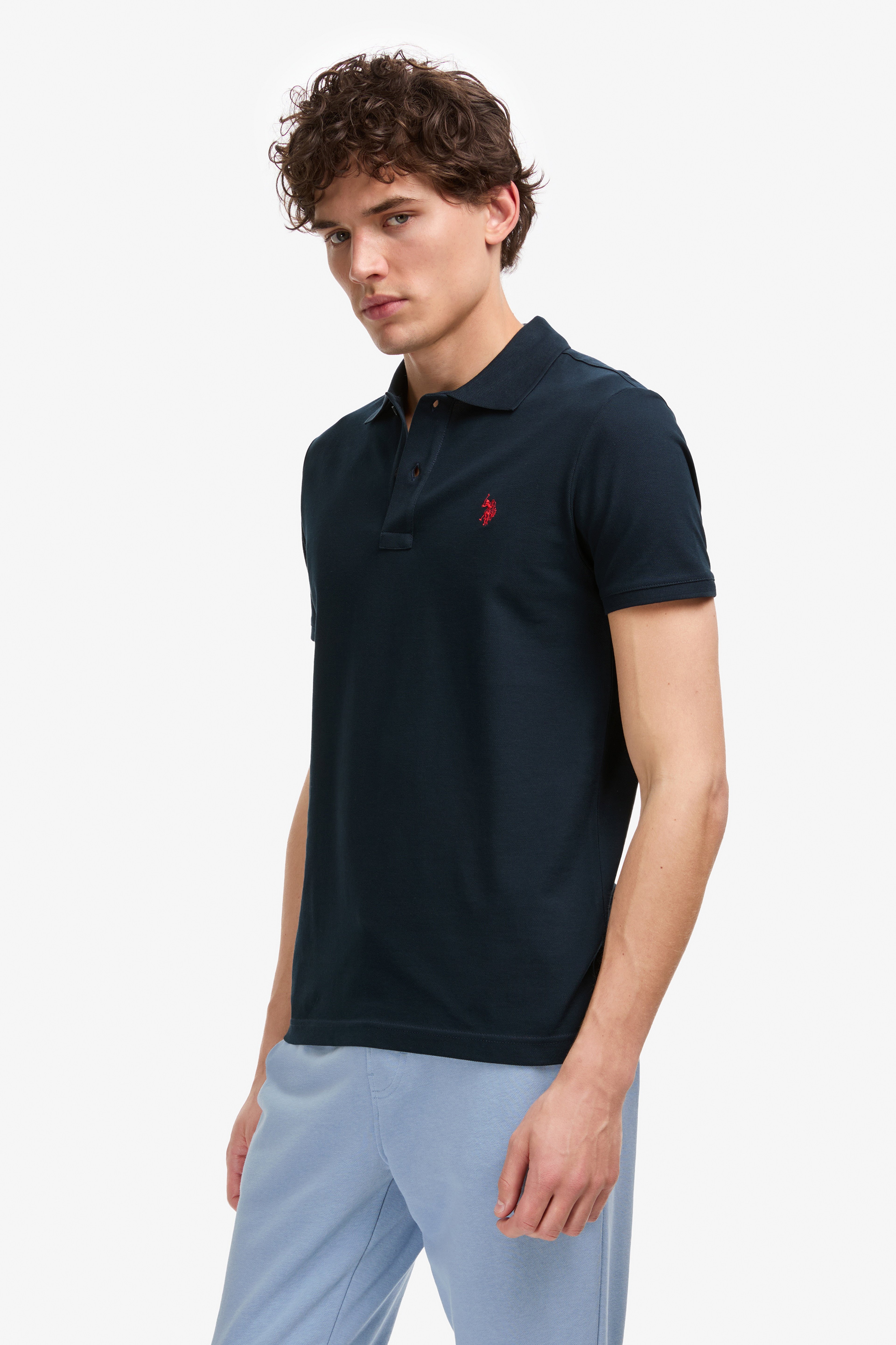 Erkek Slim Fit Polo Yaka Koyu Lacivert Basic Tişört - Image 3