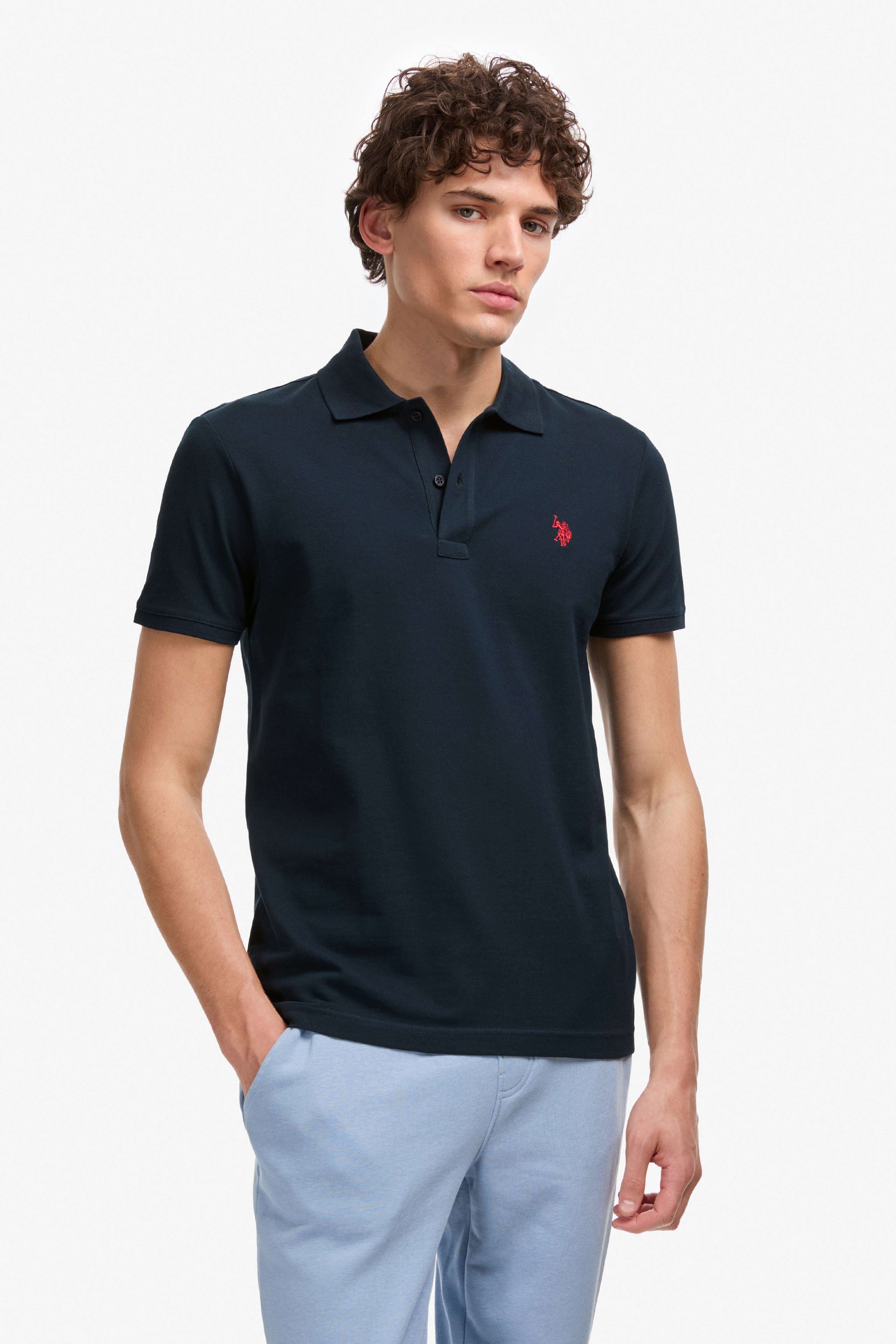 Erkek Slim Fit Polo Yaka Koyu Lacivert Basic Tişört - Image 1