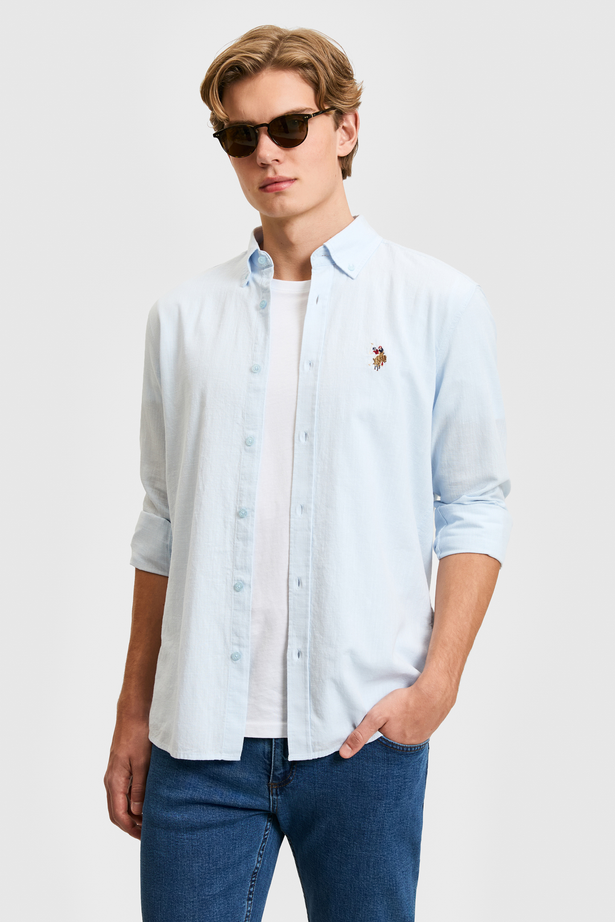 Erkek Açık Mavi Uzun Kollu Basic Gömlek