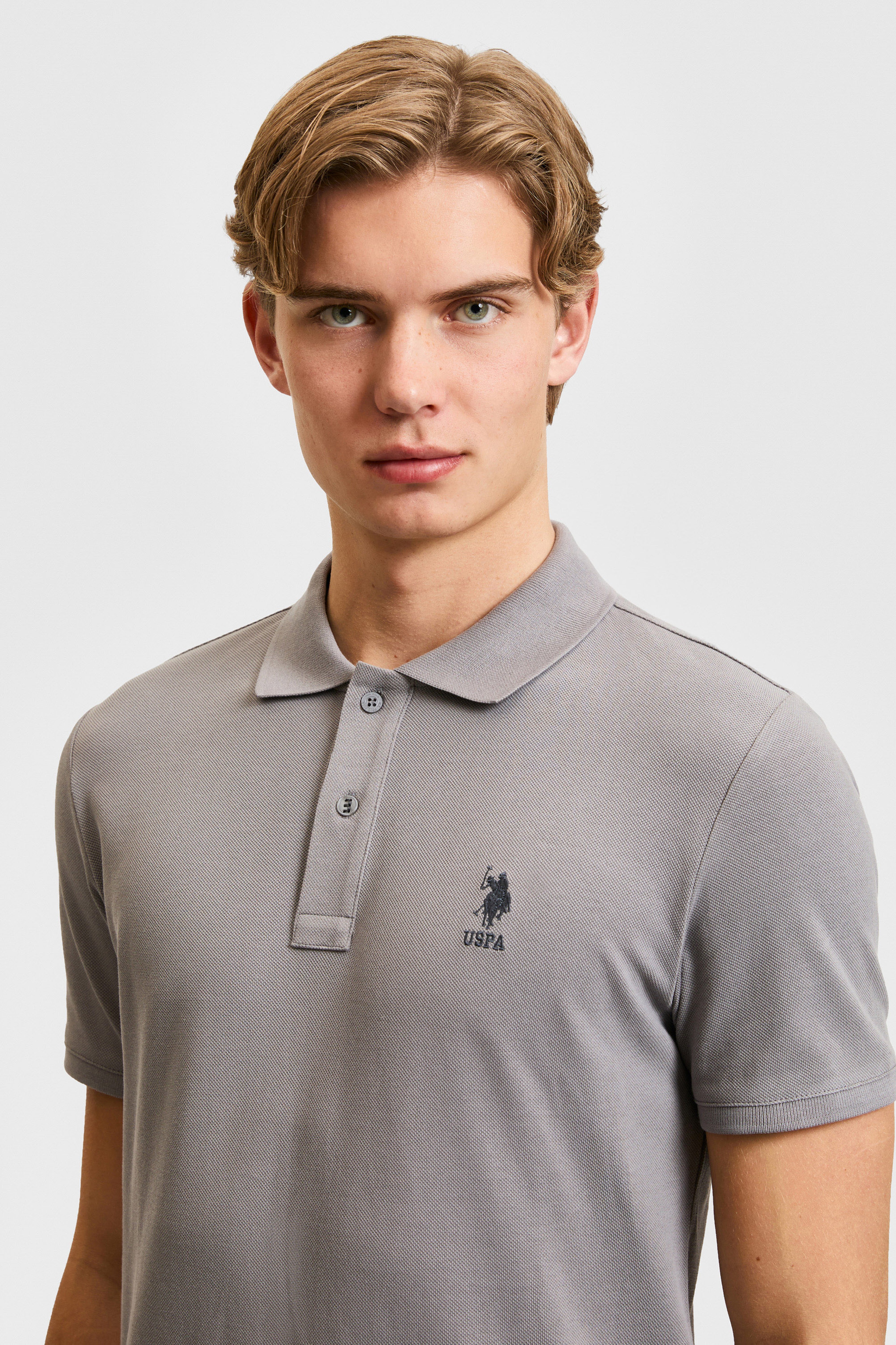 Erkek Slim Fit Polo Yaka Gri Basic Tişört
