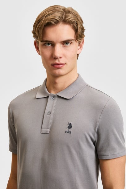 Erkek Slim Fit Polo Yaka Gri Basic Tişört