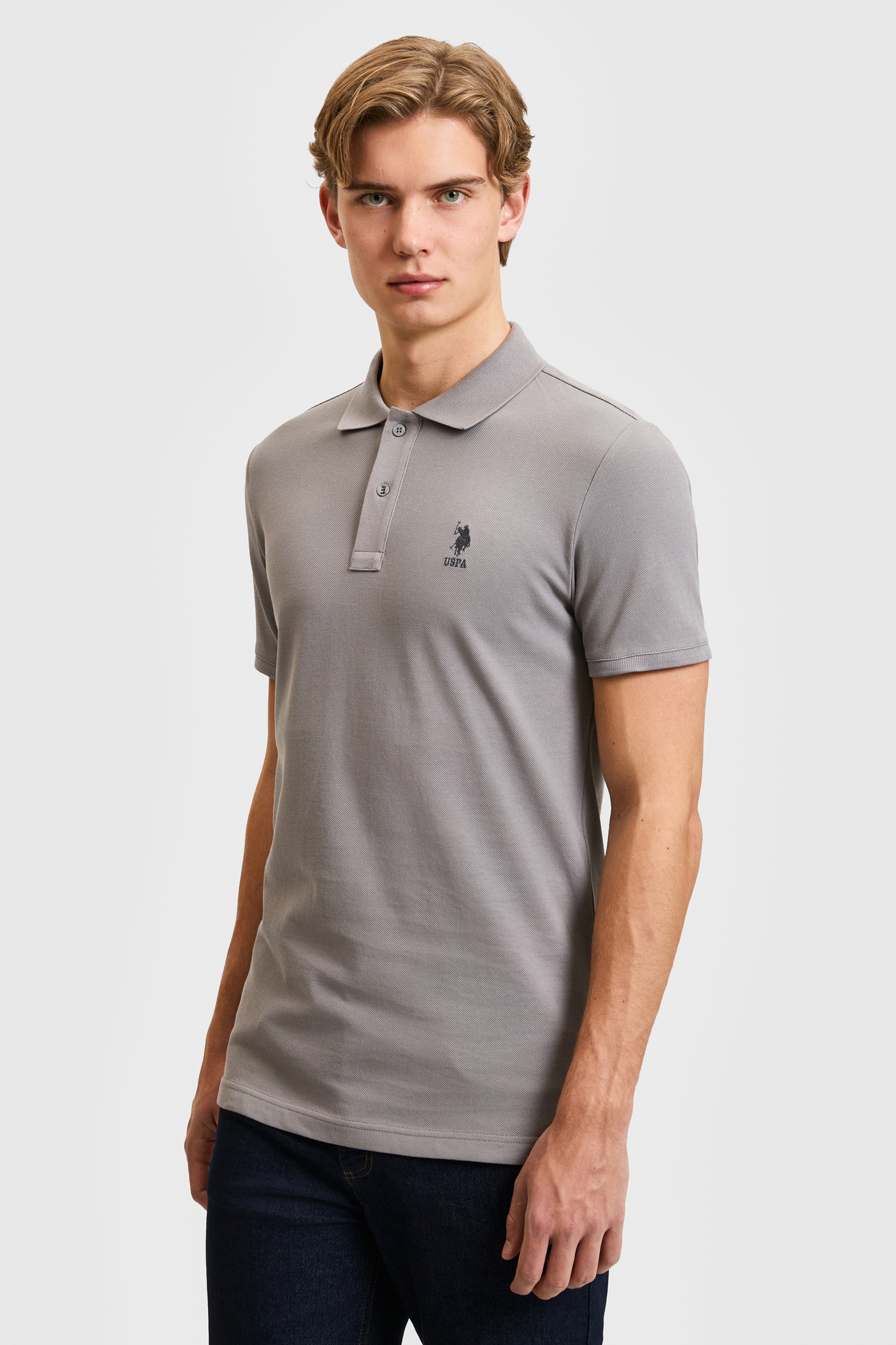 Erkek Slim Fit Polo Yaka Gri Basic Tişört - Image 3