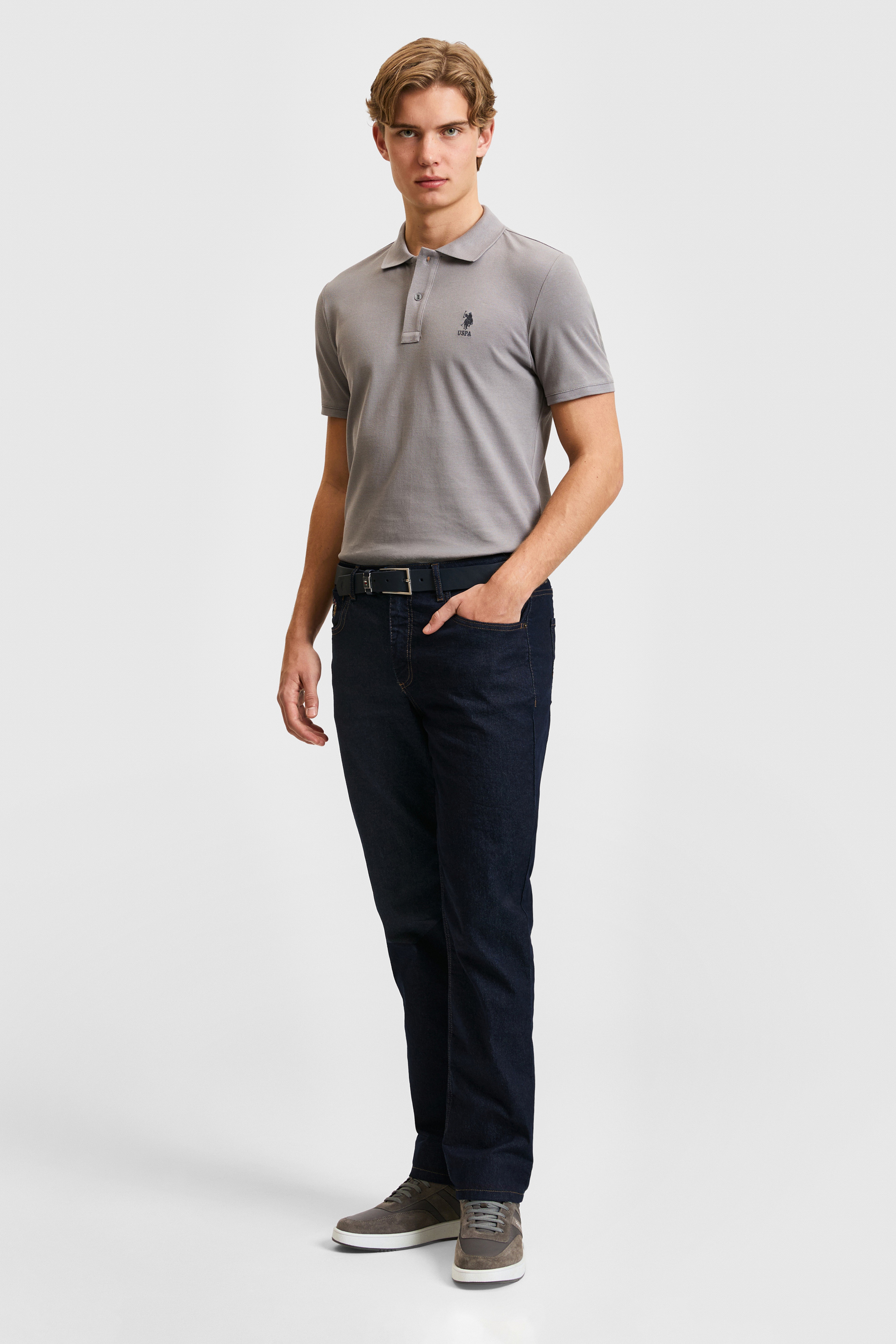 Erkek Slim Fit Polo Yaka Gri Basic Tişört