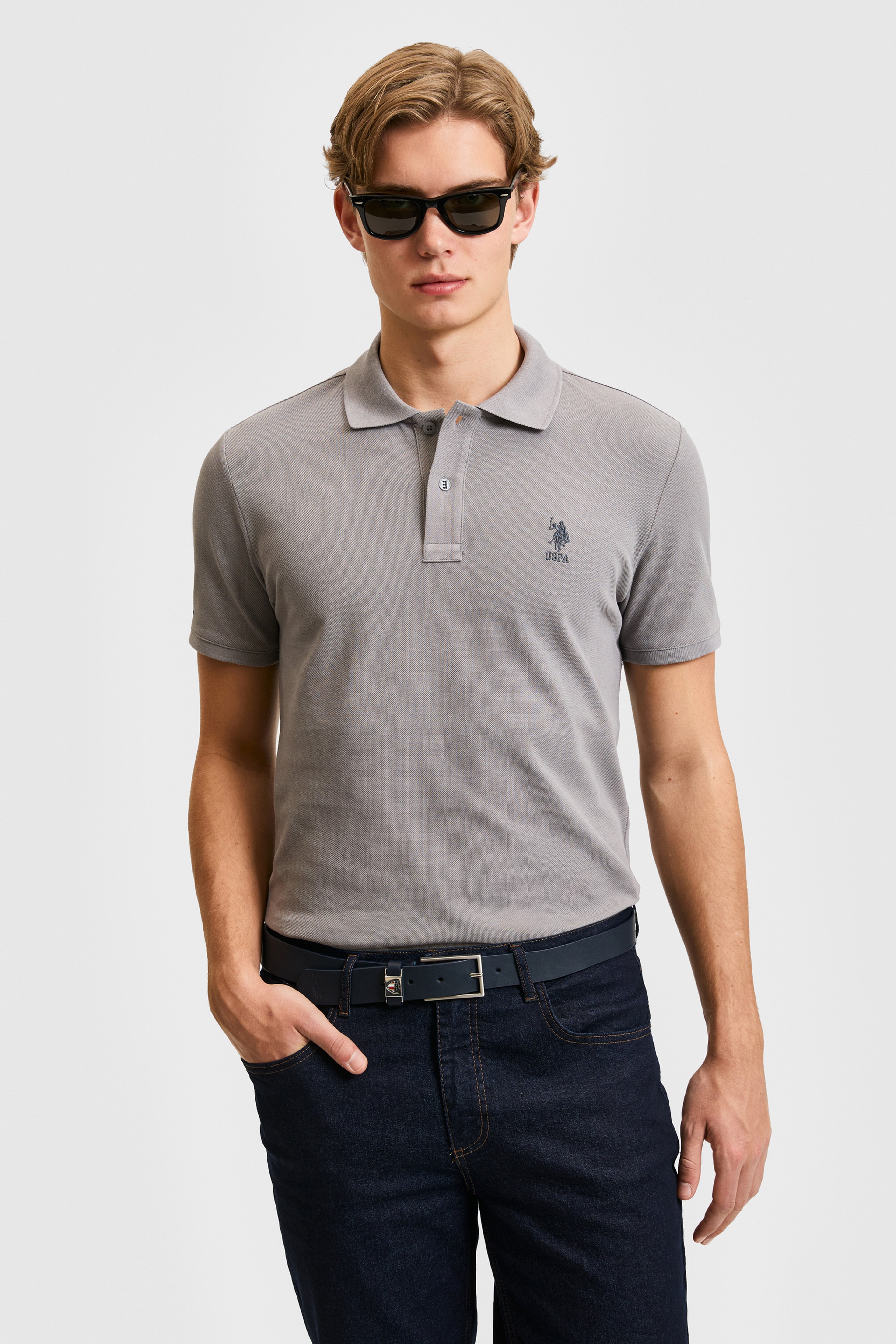 Erkek Slim Fit Polo Yaka Gri Basic Tişört - Image 1