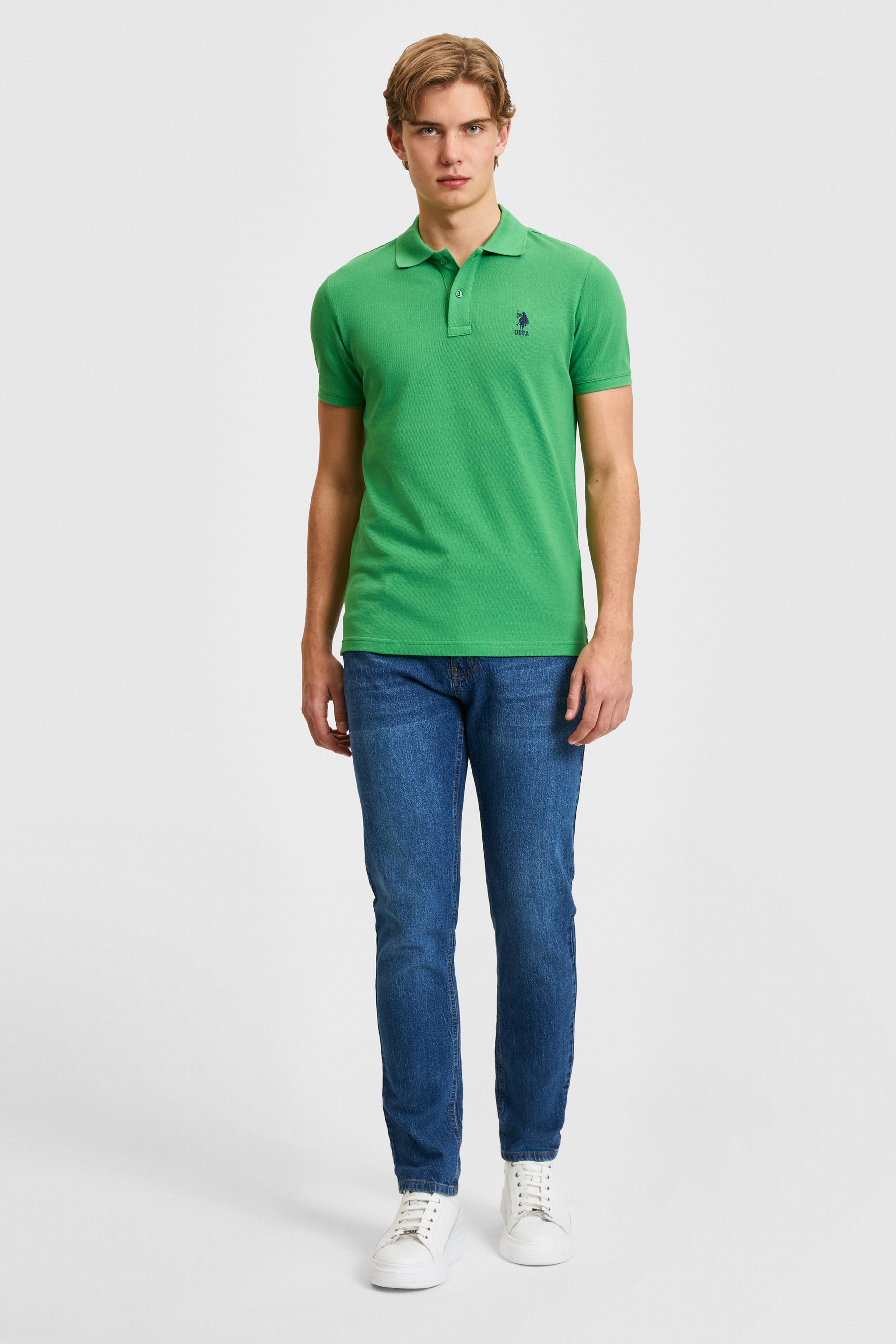 Erkek Slim Fit Polo Yaka Yeşil Basic Tişört - Image 4