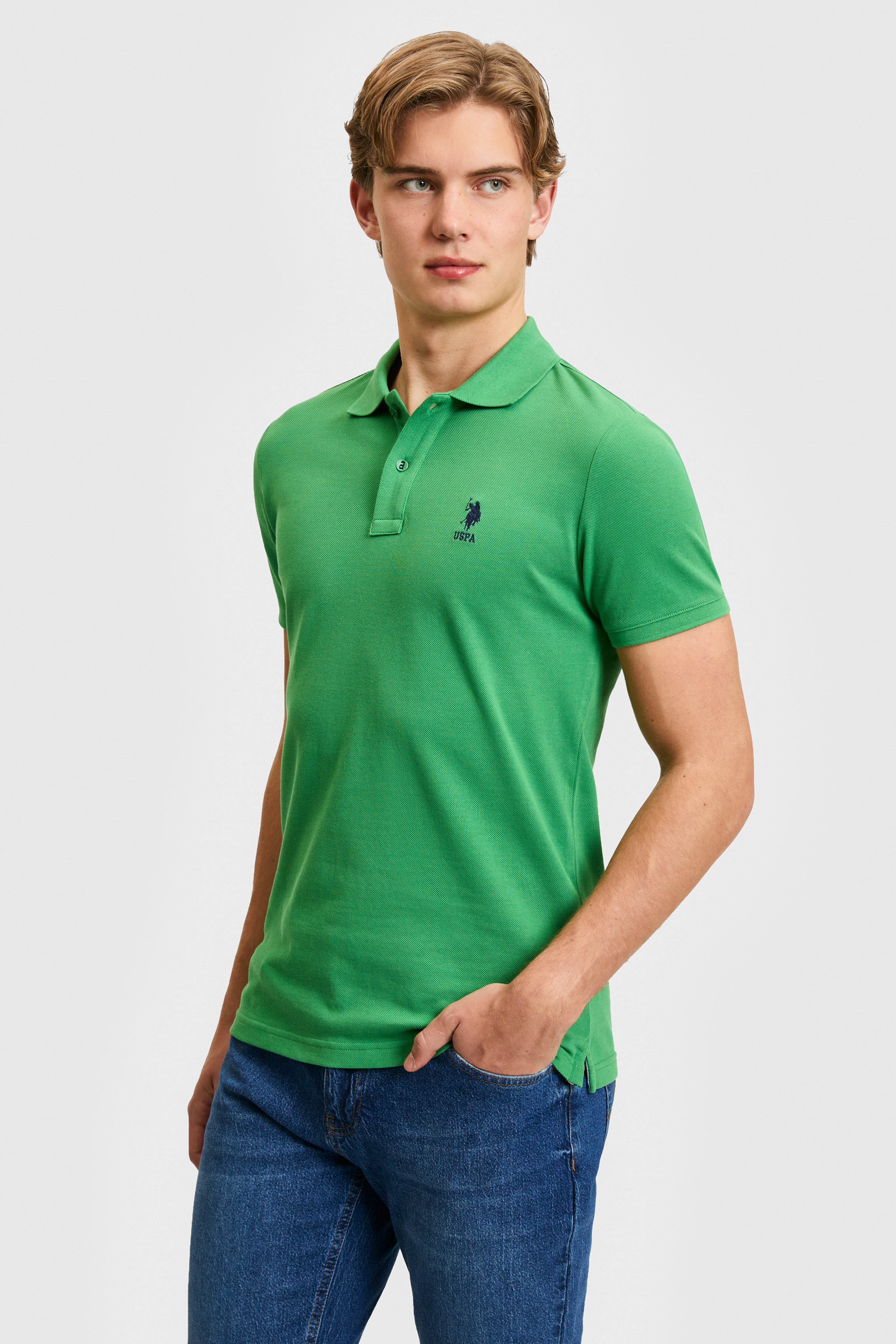 Erkek Slim Fit Polo Yaka Yeşil Basic Tişört