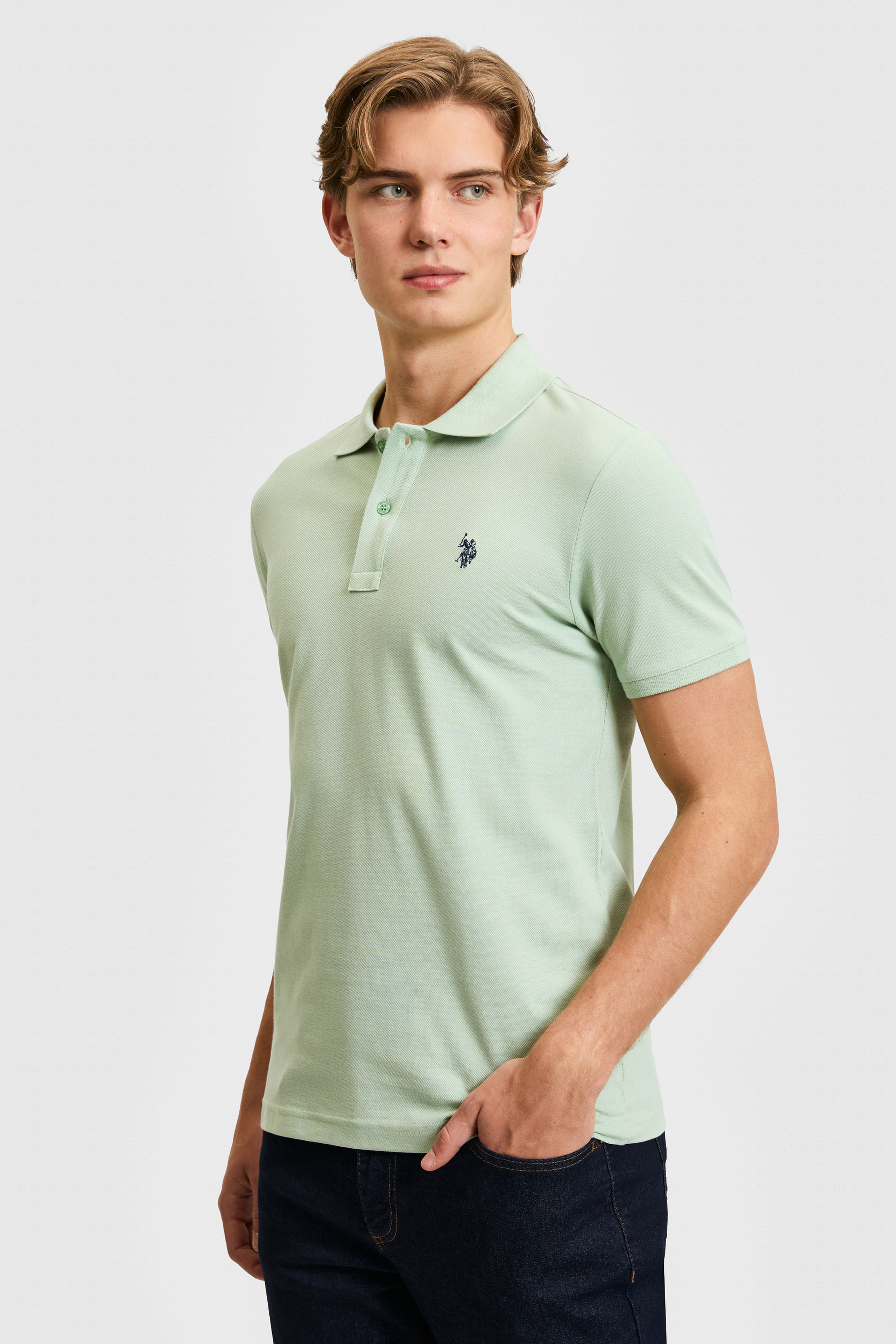 Erkek Slim Fit Polo Yaka Su Yeşili Basic Tişört - Image 3