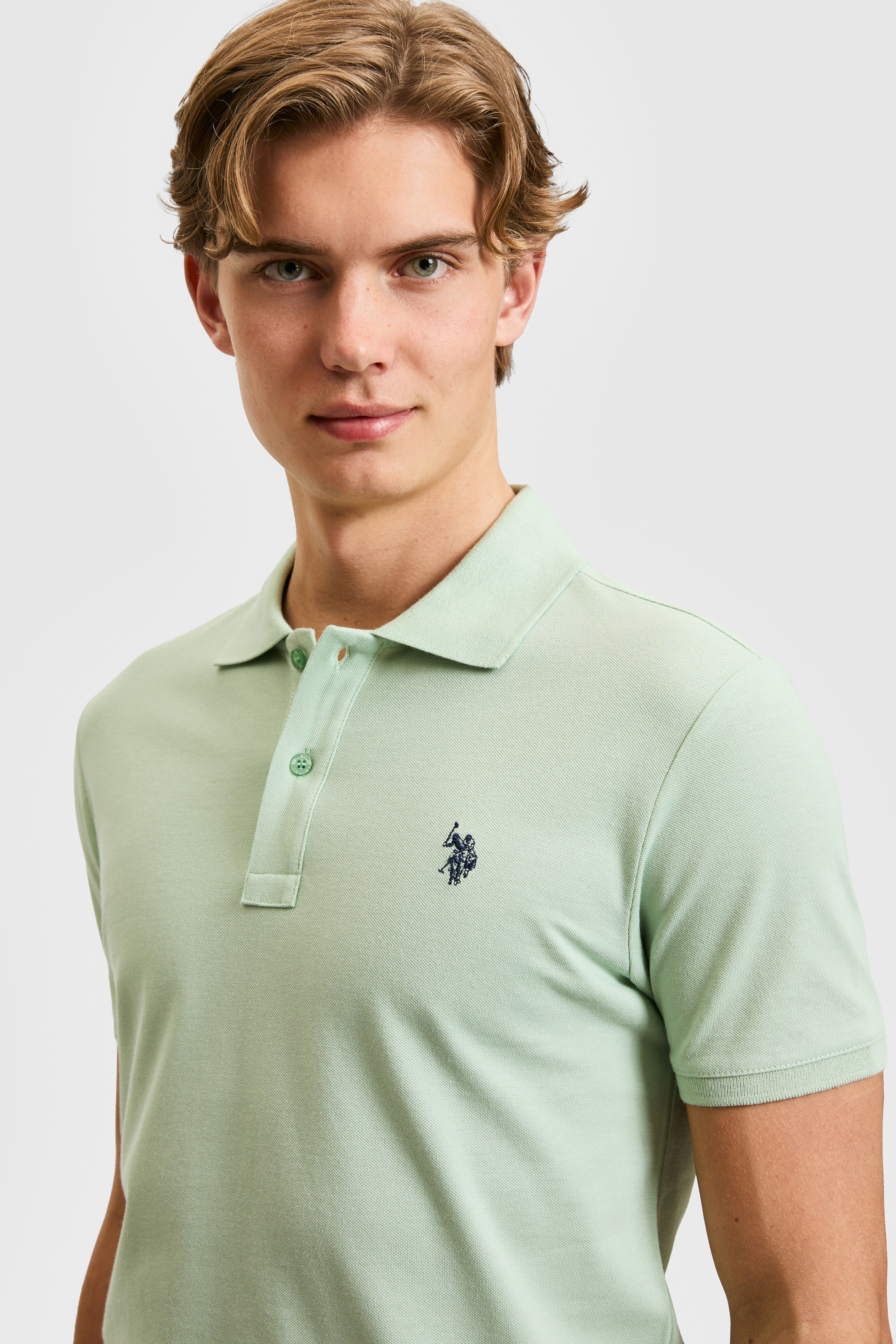 Erkek Slim Fit Polo Yaka Su Yeşili Basic Tişört - Image 2