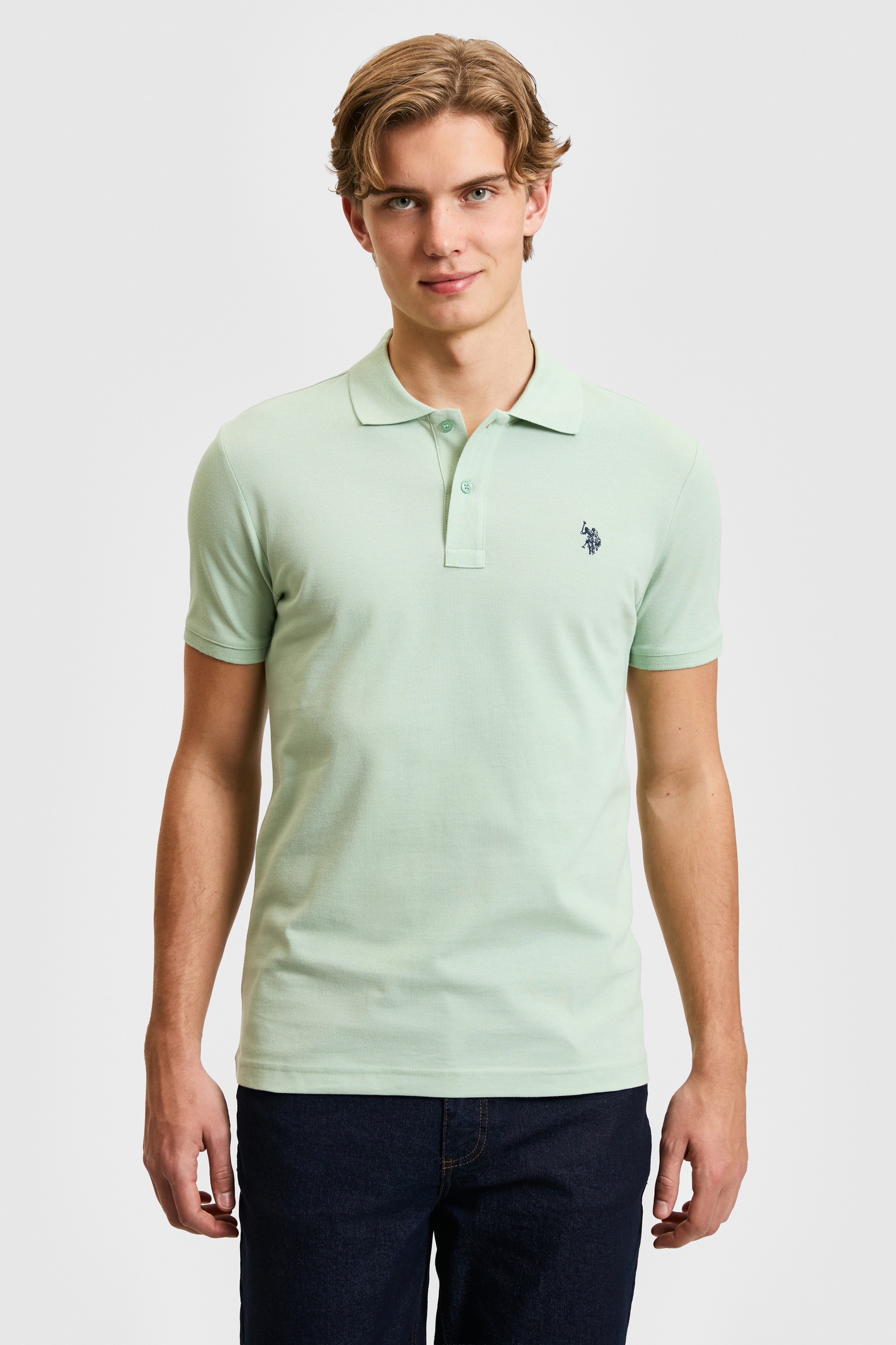 Erkek Slim Fit Polo Yaka Su Yeşili Basic Tişört - Image 1