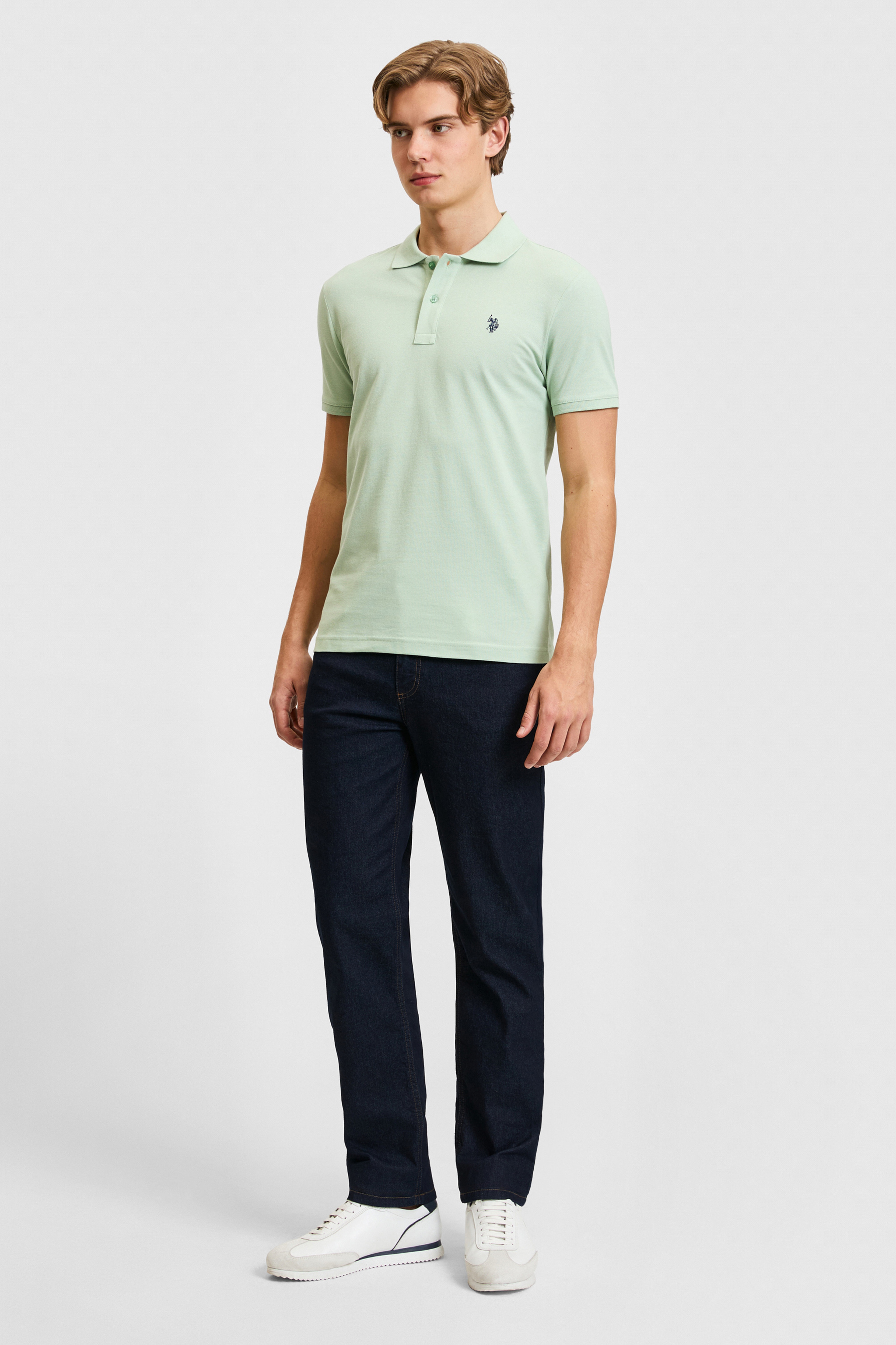 Erkek Slim Fit Polo Yaka Su Yeşili Basic Tişört - Image 4
